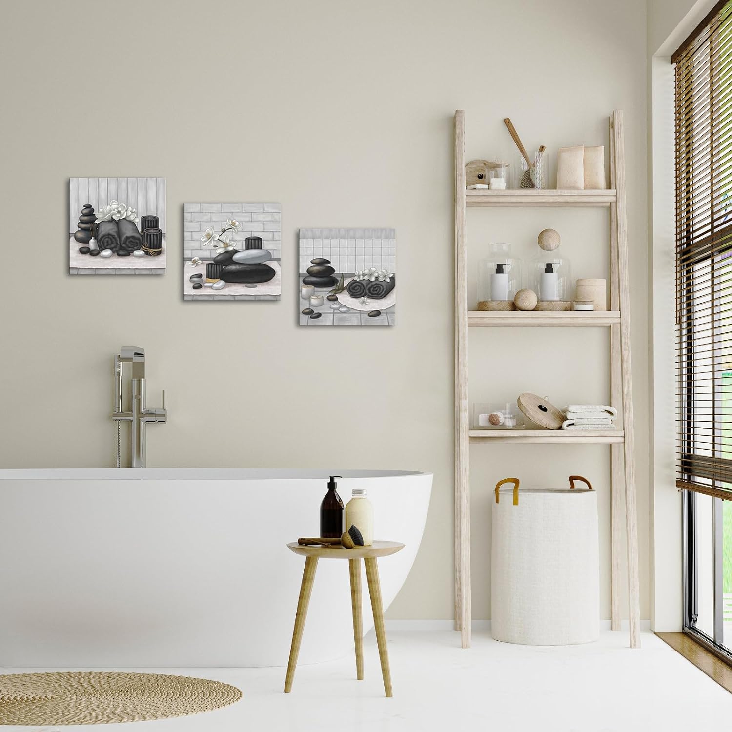 RnnJoile Spa Canvas Wall Art Zen Stone Orchid Picture Painting Black and White Still Life Prints for Bathroom Zen Meditation Room Decor Framed 12"x12" for Each