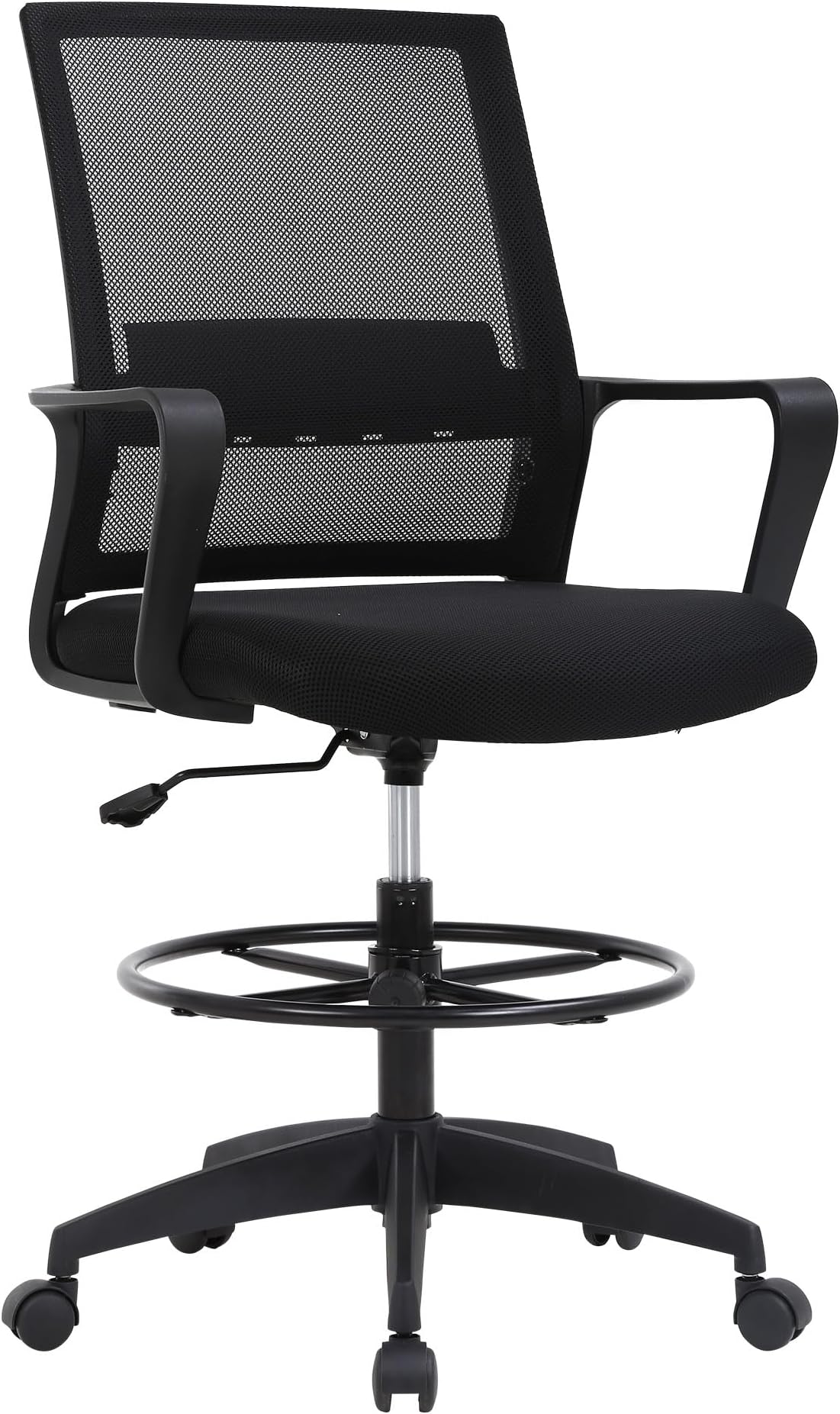 BestOffice Drafting Chair Tall Office Chair Adjustable Swivel Rolling Mesh Height with Lumbar Support Arms Footrest Mid Back for Adults Standing Desk Drafting Stool(Black)