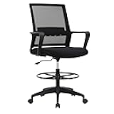 Drafting Chair Tall Office Chair Adjustable Swivel Rolling Mesh Height with Lumbar Support Arms Footrest Mid Back for Adults Standing Desk Drafting Stool(Black)