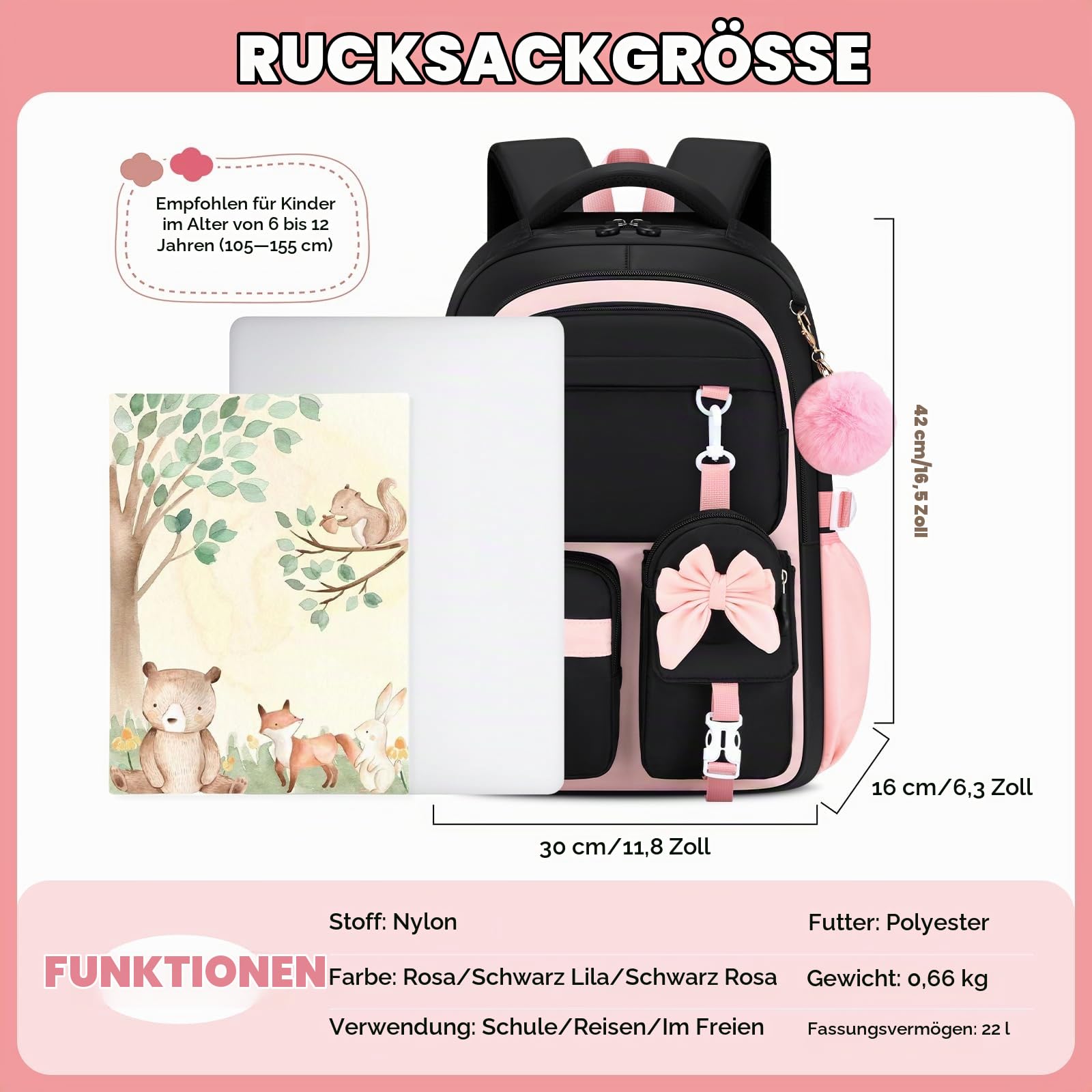 Amythe Schulrucksack Mädchen für 1. - 5. Klasse mit Reflektor | Schultasche Mädchen Rucksack Schule fur Teenager Grundschule Mittelschule, Lässiger Rucksack mit Geldbörse