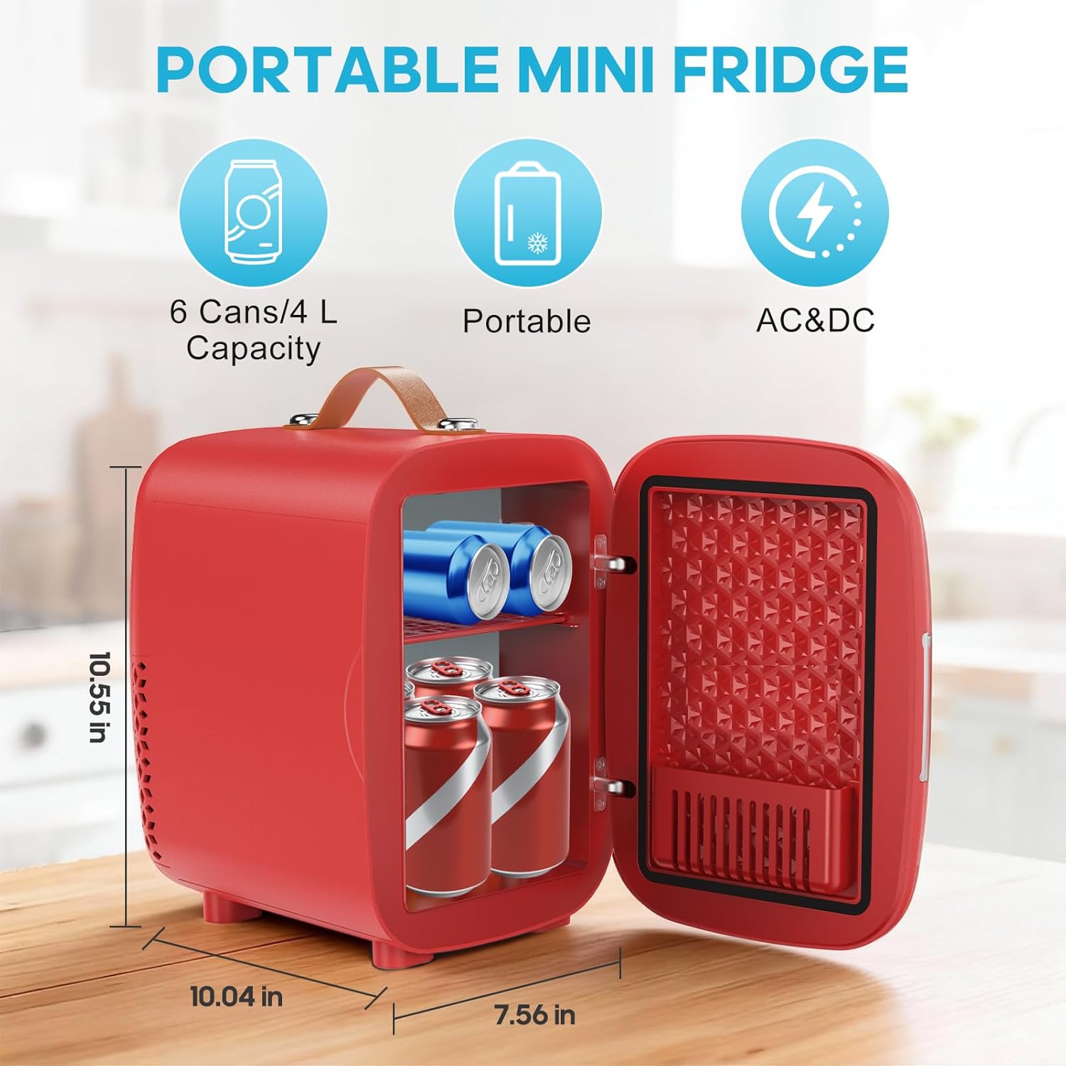 DUMOS Mini Fridge for Bedroom, 4L Compact Personal Fridge Cooler For Skincare, Drinks, And Snacks, Fits 6 Cans, Mini Refrigerator with 110V Ac/12V Dc, Ideal For Car, Dorm, Red