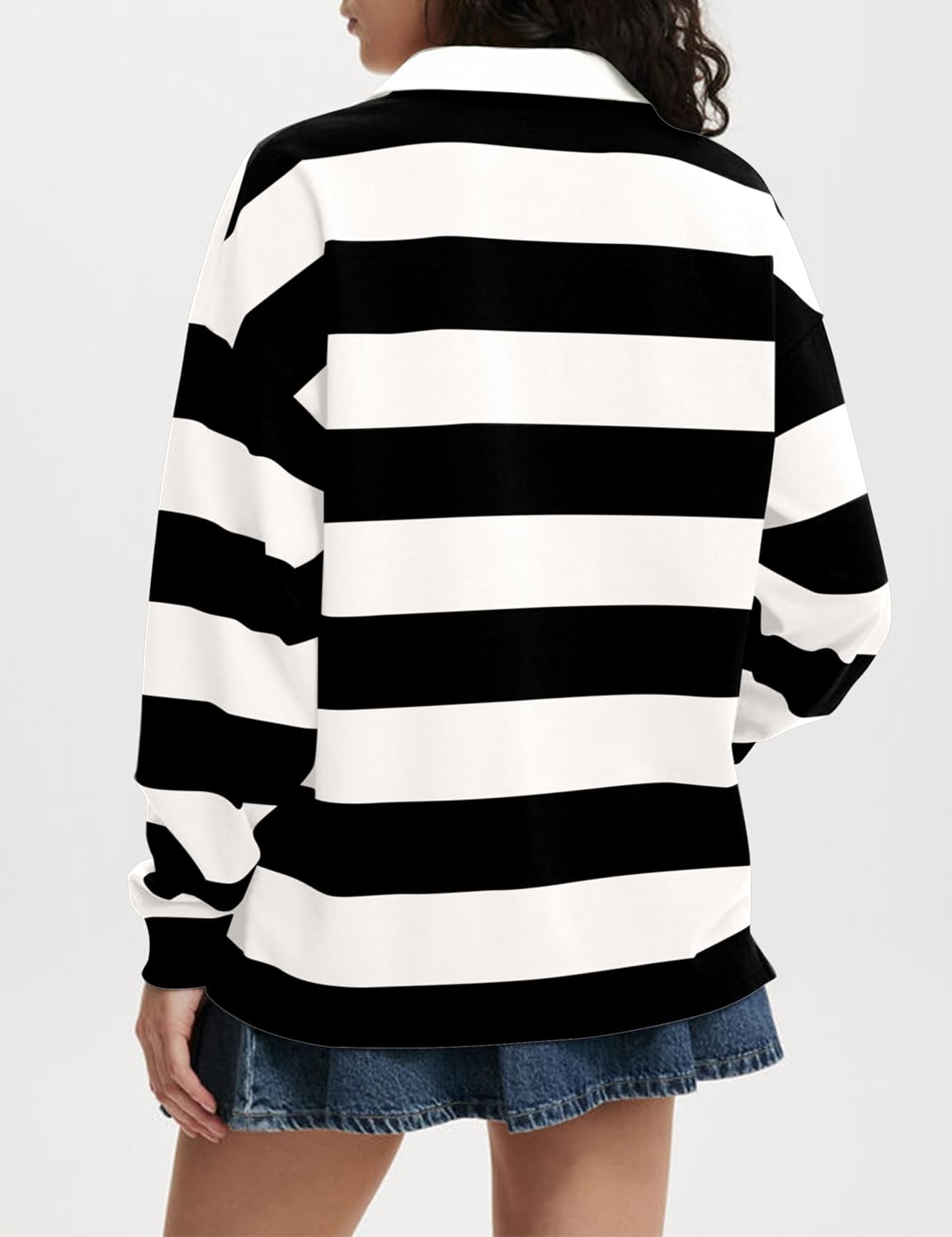 Women's Oversized Striped Polo Sweatshirt Long Sleeve Rugby Collared Pullover Tops Loose Fit Shirt - Image 5
