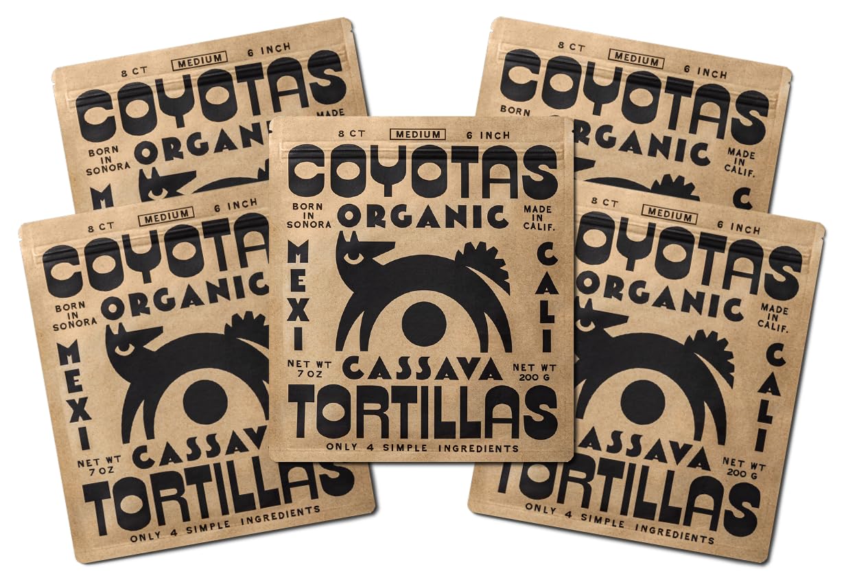 COYOTAS Organic Grain Free Cassava Tortillas MEDIUM 6-INCH (8 Tortillas Per Pack) (5 Packs)