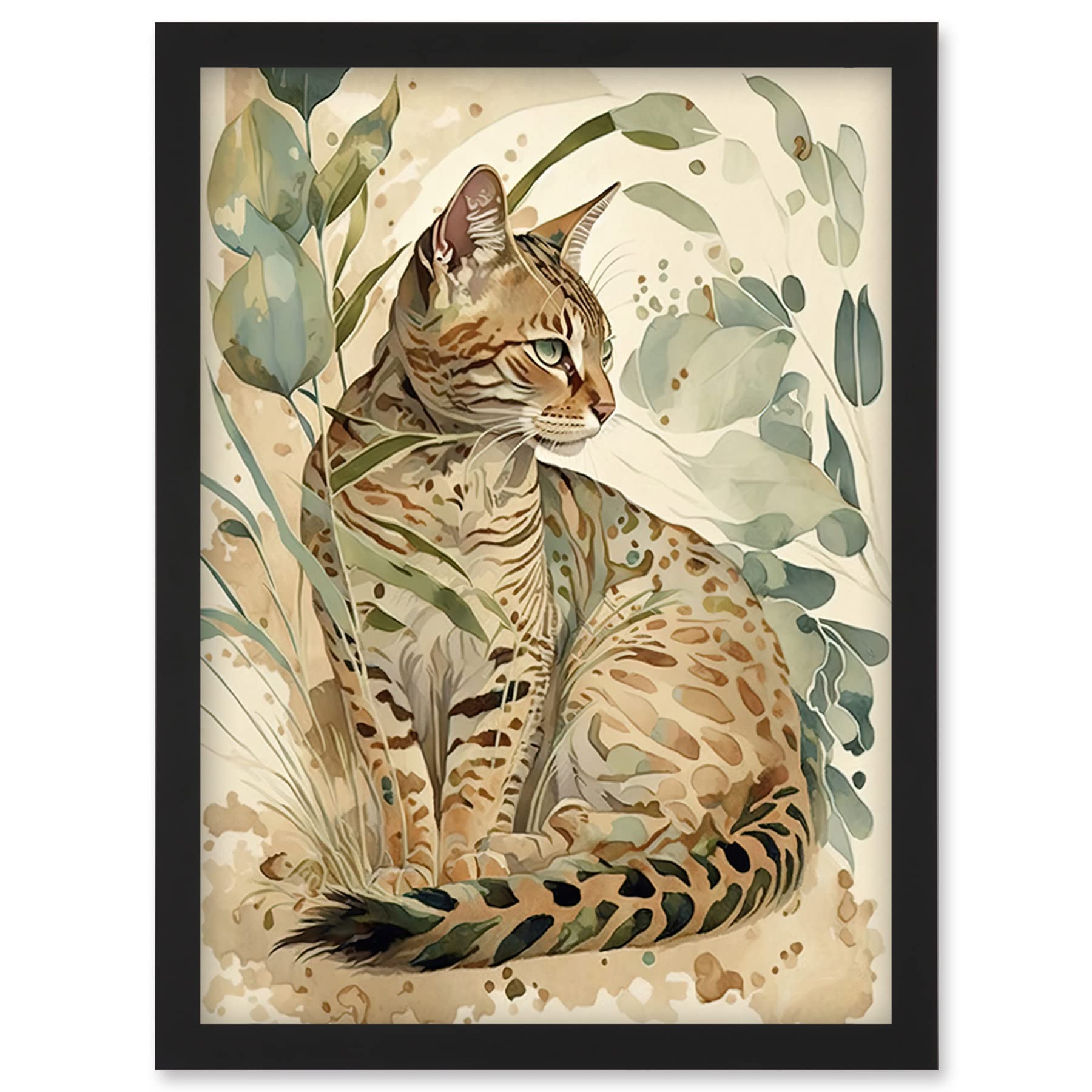 Artery8 Spotted Fur Coat Bengal Cat in Nature Pastel Watercolour Illustration Artwork Framed Wall Art Print A4