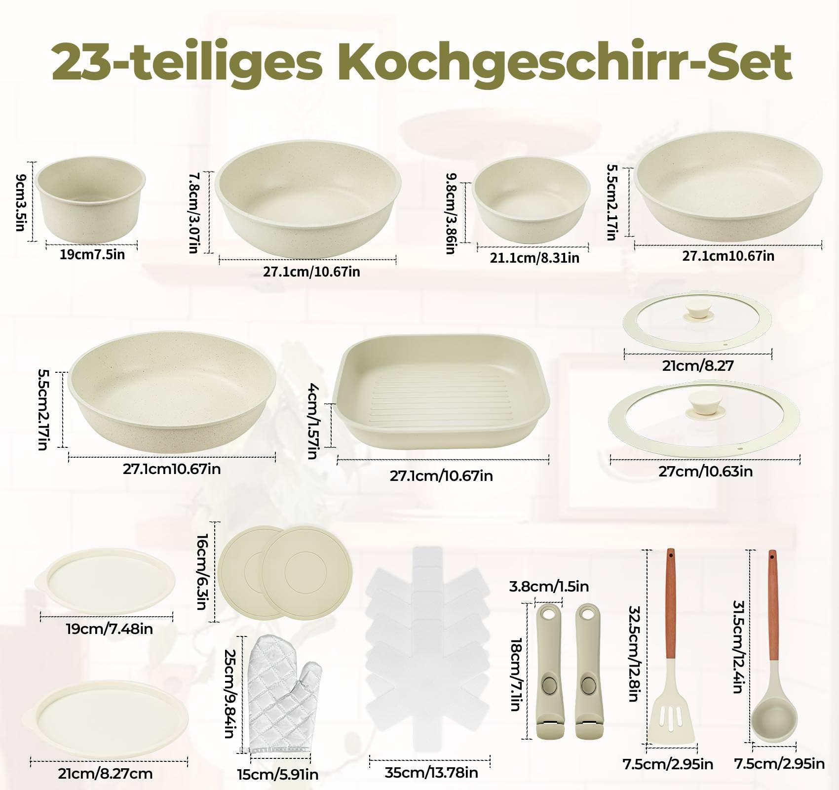 23-teiliges Topfset mit abnehmbarem Griff, Induktion Topf und Pfannenset, Antihaftbeschichtetes Kochgeschirr, Stapelbar, Platzsparend, PFOA- & PFOS-frei