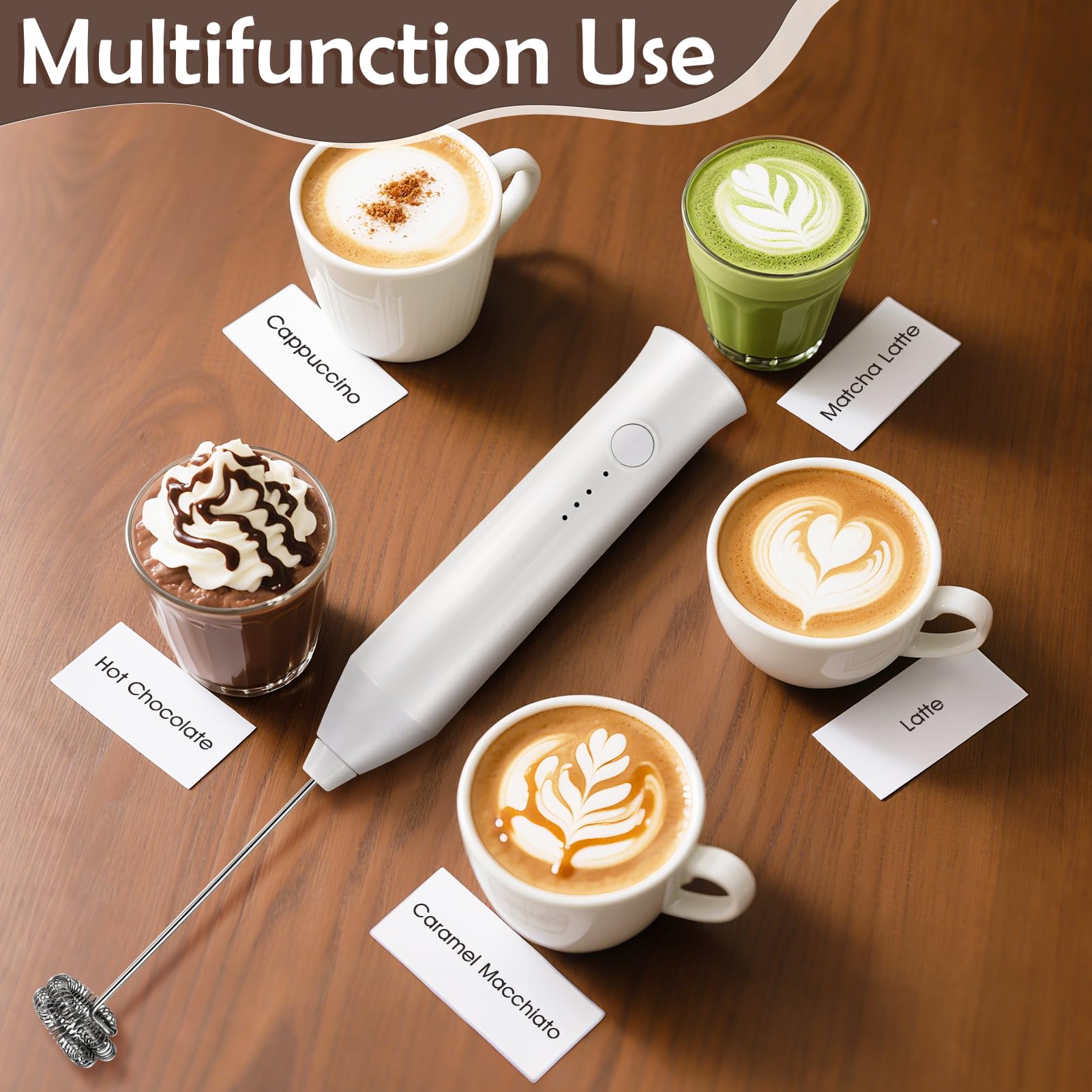 Espumador de leche de mano, potente máquina eléctrica de espuma de leche con 2 batidores de acero inoxidable, recargable de 3 velocidades para café, latte, capuchino, matcha, Navidad (blanco)