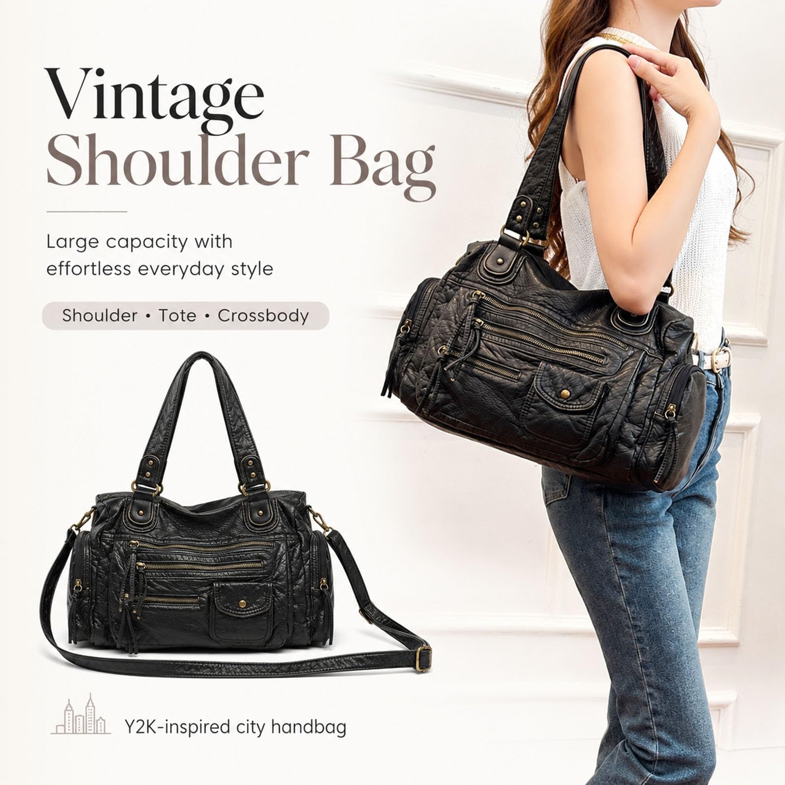 Bolso Bandolera Mujer Grande, Tote Bag Multibolsillos de PU Vintage