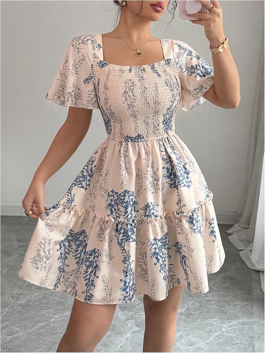 SOLY HUX Women's Floral Mini Dress Short Sleeve Square Neck Vacation A Line Flowy Dresses - Image 5