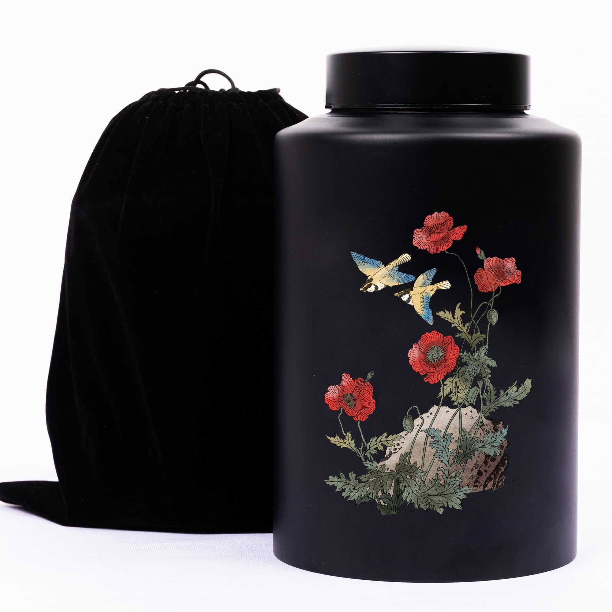 Ruccit Urn for Ashes Adult Large Black Memorial Decorative Cremation Ashes Urn Red Floral Bird Pattern Funerary Coffins Urn for Human Pet Dog Cat Ashes with Black Velvet Bag