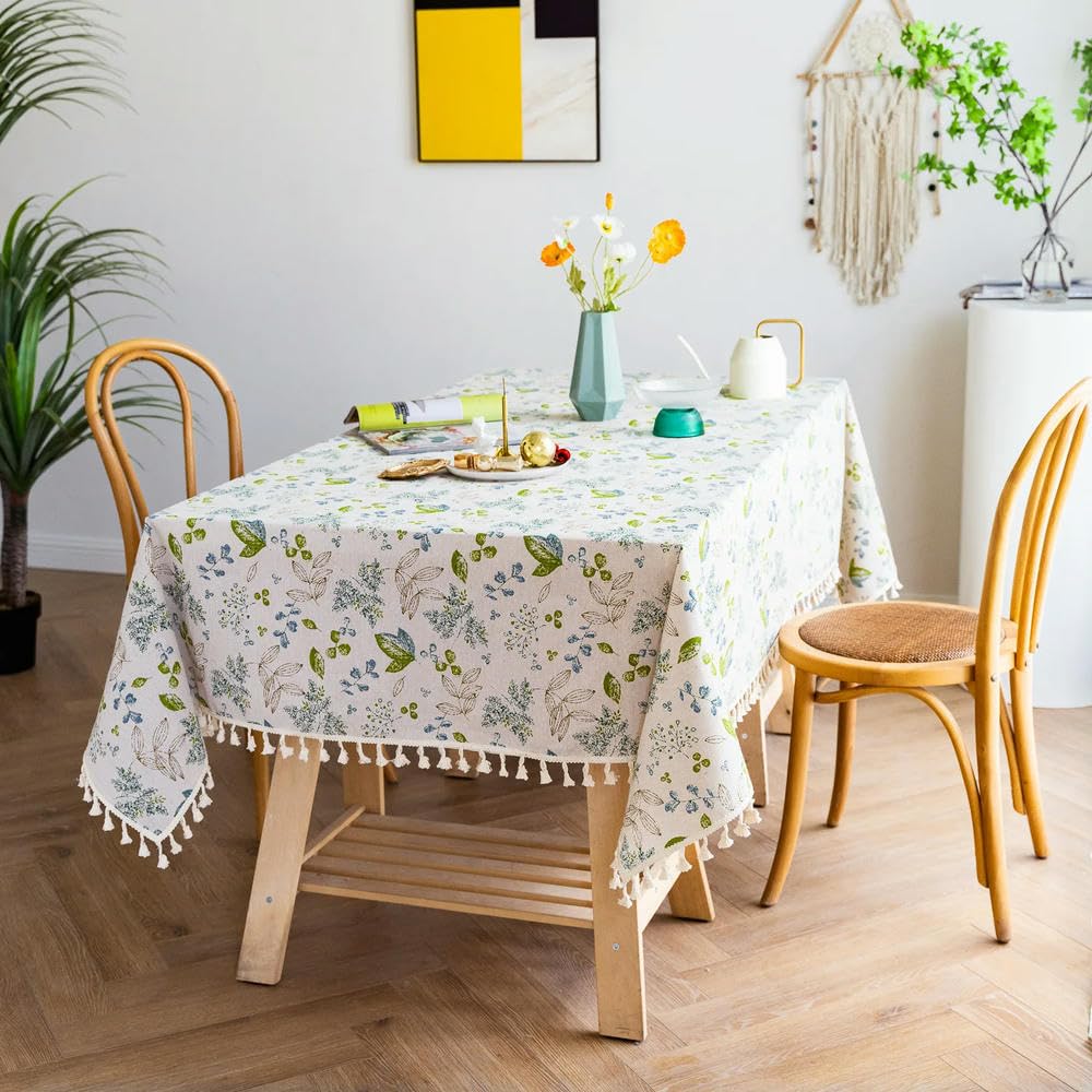 Mantel de Lino y algodón de 60 a 300cm Estilo japonés Floral con Borla Rectangular para Cocina Mapa decoración de Mesa para el hogar