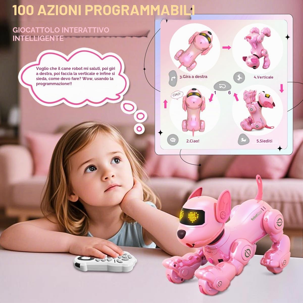 VATOS Robot Cane Ricaricabile per Bambini, Cane Robotico con Telecomando, Programmabile, 17 Funzioni Interattive e Volume Regolabile, Cucciolo Robot che Canta e Balla Regalo per Bambine, Rosa