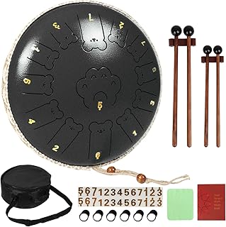 Bear Steel Tongue Drum 13 Inch 13 Note, Steel Drum with Mallets 2 Pairs, Carry Bag and Music Book, C Major Percussion Kit for Beginners, Hand Drums for Adults and Kids (Frosted Black)