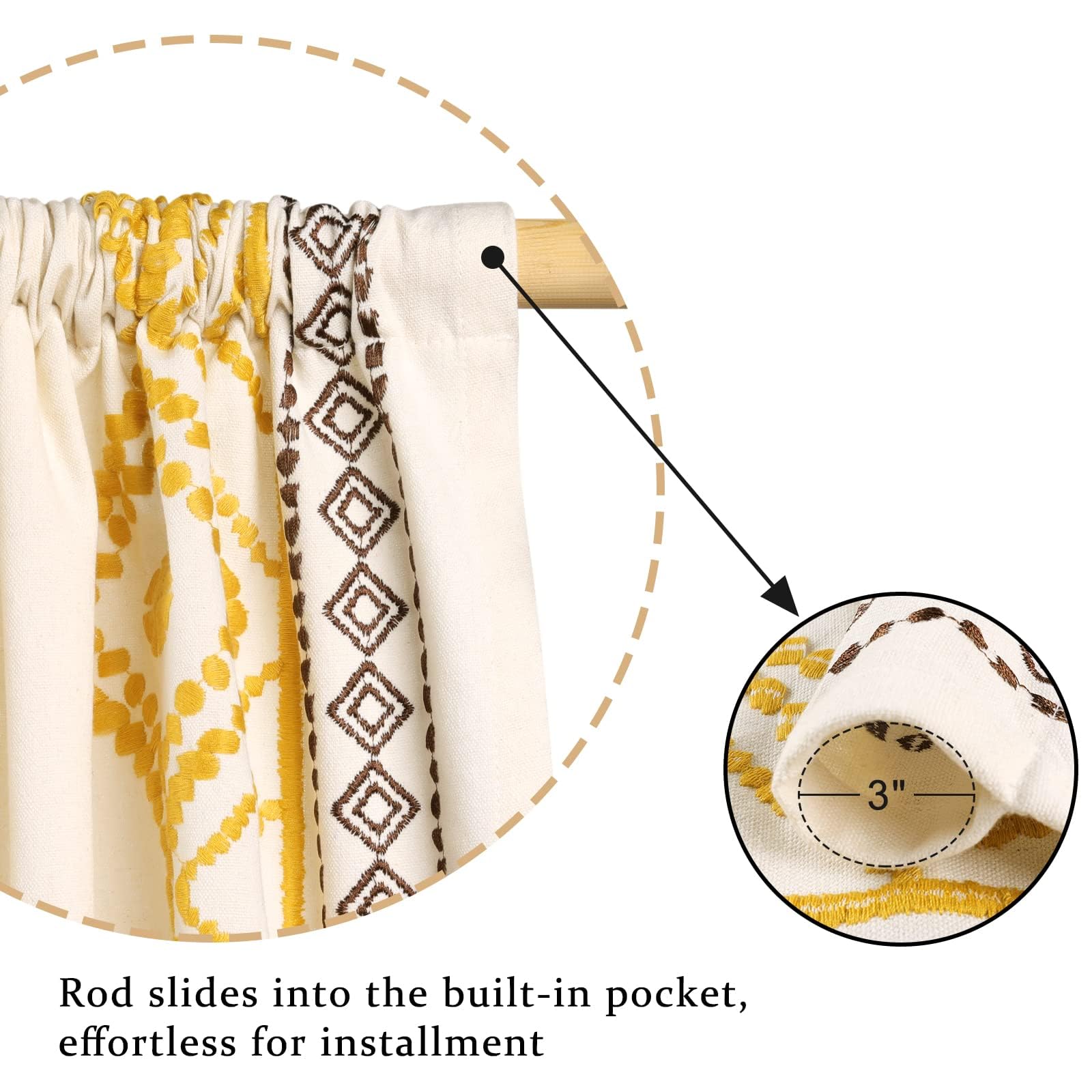 ColorBird Lot de 2 Rideaux bohèmes brodés en Coton et Lin avec Passe-Tringle pour Salon, Chambre à Coucher, Salle à Manger (132,1 x 160 cm (l x L), Jaune)