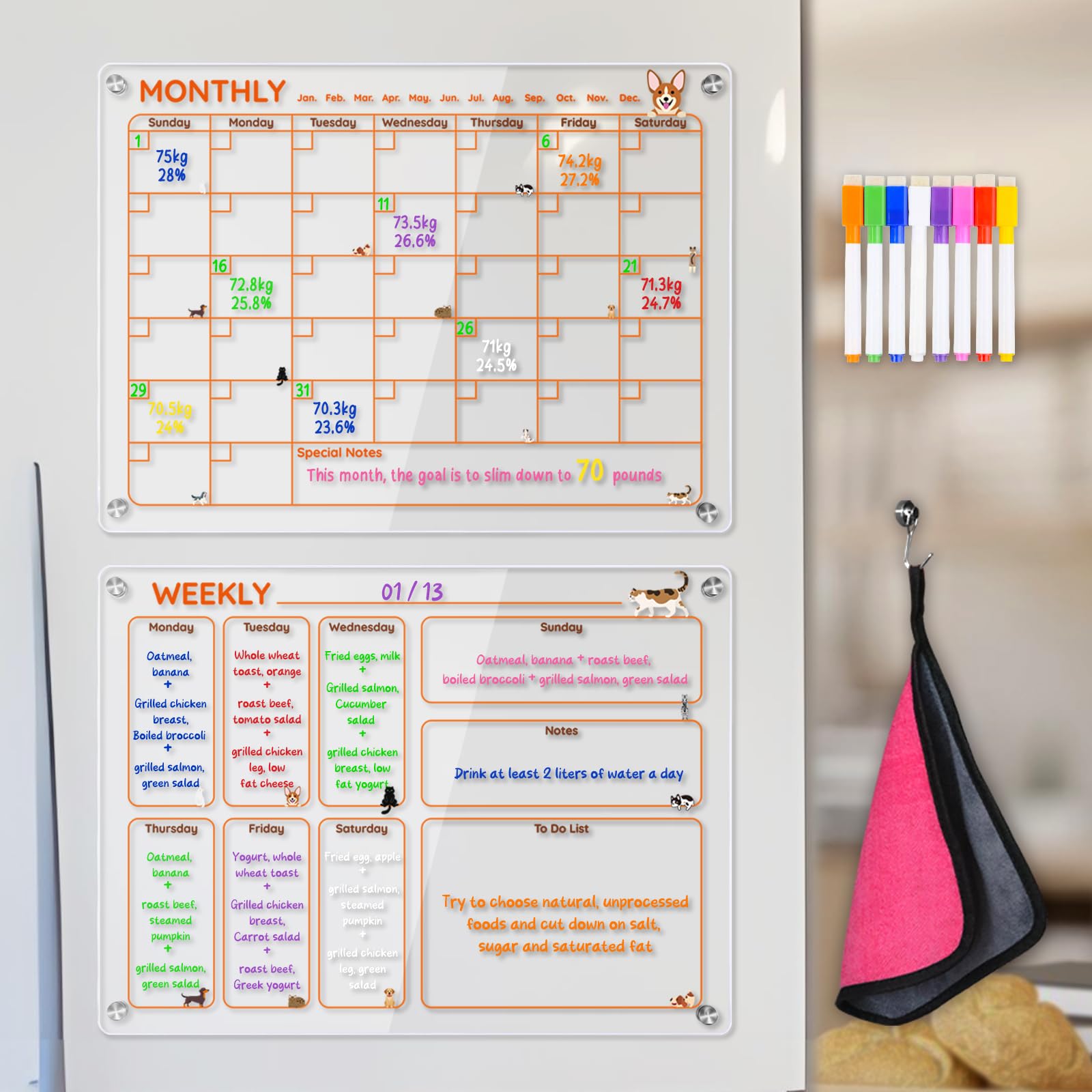 magnetic acrylic clear fridge calendar planner note board set for fridge,8colors markers,erase towel (clear, monthly & weekly)