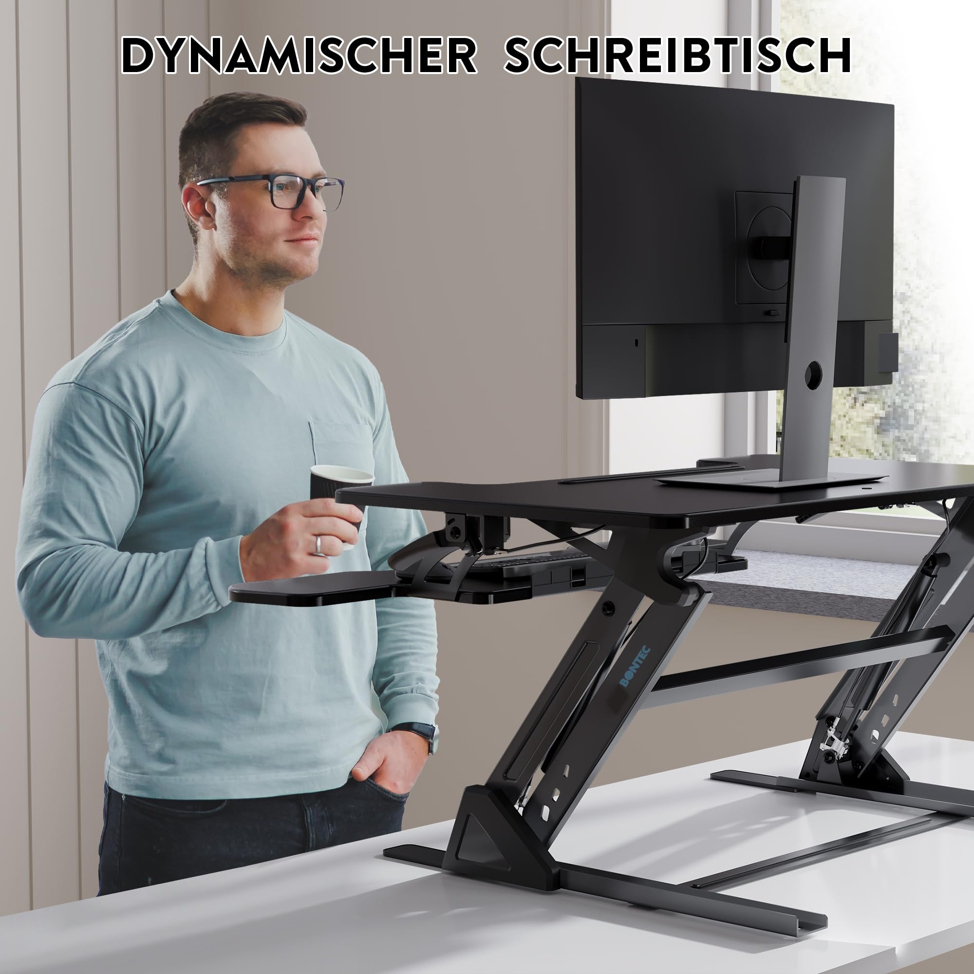 BONTEC Stehpult Höhenverstellbar mit Dual-Gasfeder, Tischaufsatz für Dual Monitor Arbeitsplatz, 81,3cm, 15kg Tragfähigkeit, Einfache Montage, Ergonomischer Schreibtischaufsatz für Zuhause und Büro