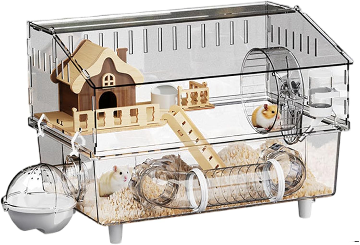 Acrylic Hamster Cage - 18in Spacious Hamster Habitat with 9Pcs Accessories Including Cozy Wooden House for Dwarf Hamsters, Gerbils, and Pet Mice