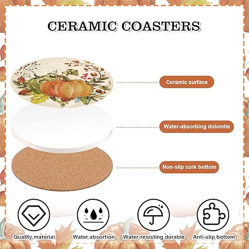 Miniatura 3 de Whaline Posavasos de otoño de Acción de Gracias, vintage, hojas de calabaza, posavasos absorbentes de cerámica natural, posavasos retro para tazas,