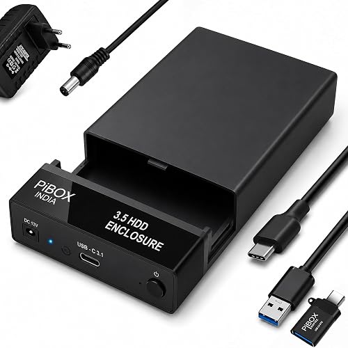 Hard Drive Enclosure Type C, PiBOX India USB 3.1 External Hard Drive Docking Station for 3.5/2.5 Inch SATA Hard Drives/SSD with 16 TB+, Tool-Free HDD Enclosure 12V/2A Power Supply UASP Acceleration