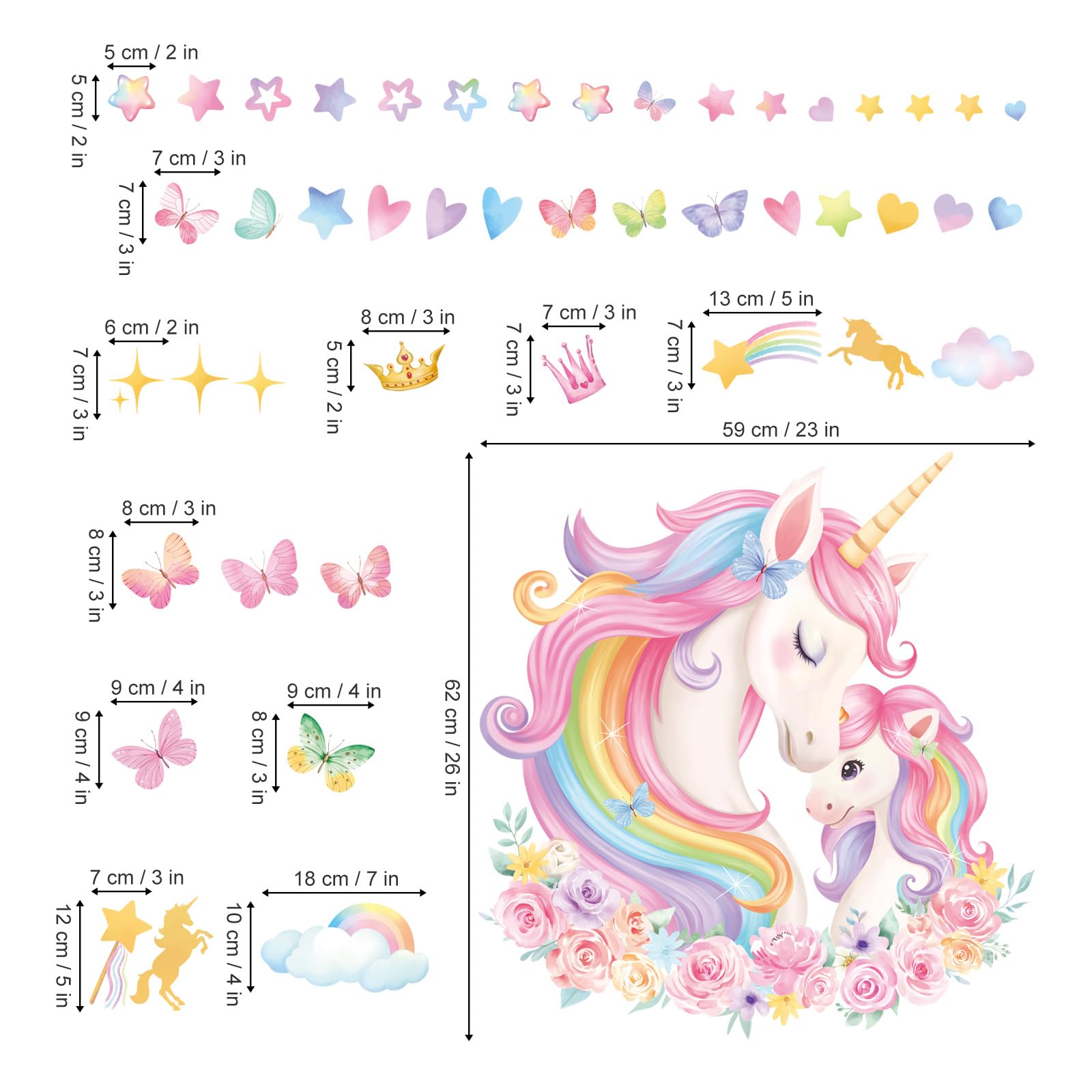 wondever Large Unicorn Wall Stickers Rainbow Baby Unicorn Butterfly Stars Peel and Stick Wall Art Decals for Baby Girls Nursery Kids Bedroom - Image 4