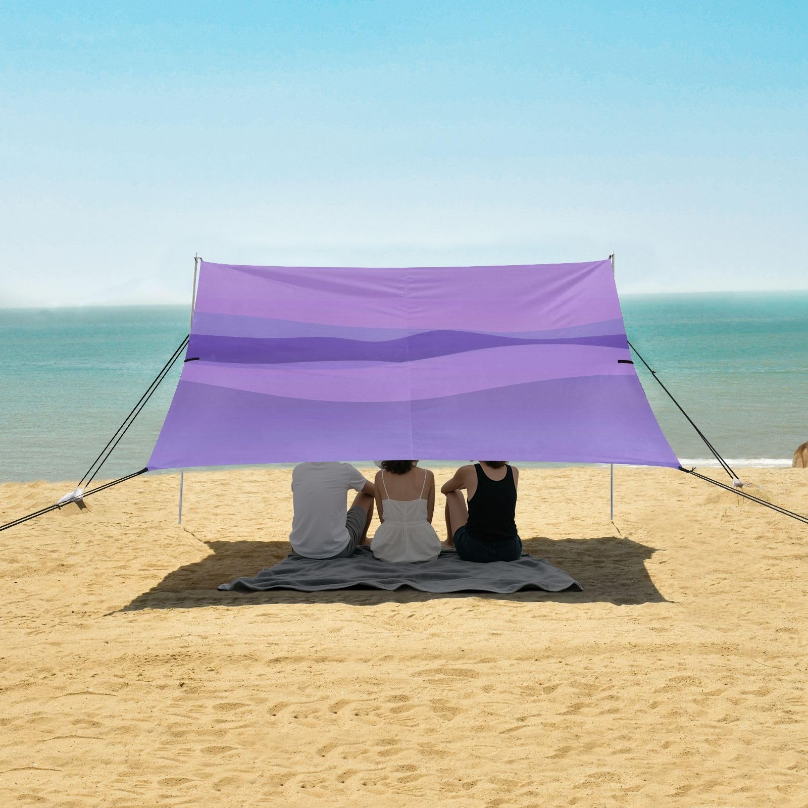 Grand pare-soleil imperméable avec pelle à sable, sac de sable pour camping, pêche, loisirs dans le jardin ou pique-niques Violet
