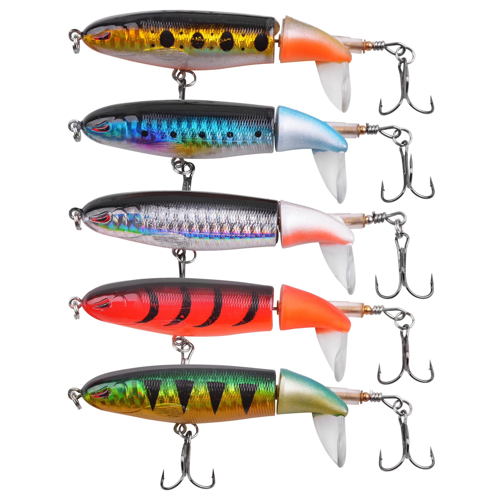Topwater Bass Lures,5pcs Fishing Lure with Floating Rotating Tail Treble Fishing Hooks Lifelike 3D Eyes Artificial Swimbaits Slow Sinking Hard Bait for Trout Walleye Pike Musky