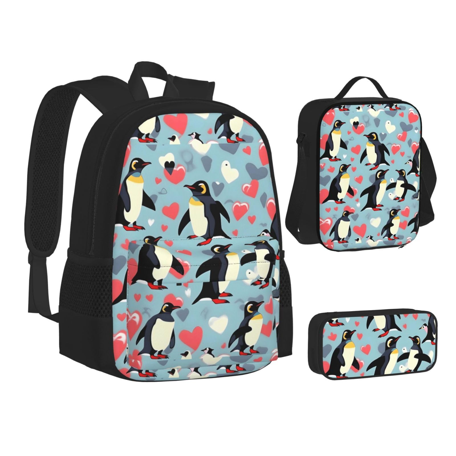 YHBLYKXP I Love Penguins print 3-Piece Casual Backpack Set (Backpack + Waist Bag + Small Pouch), Unisex Daypack