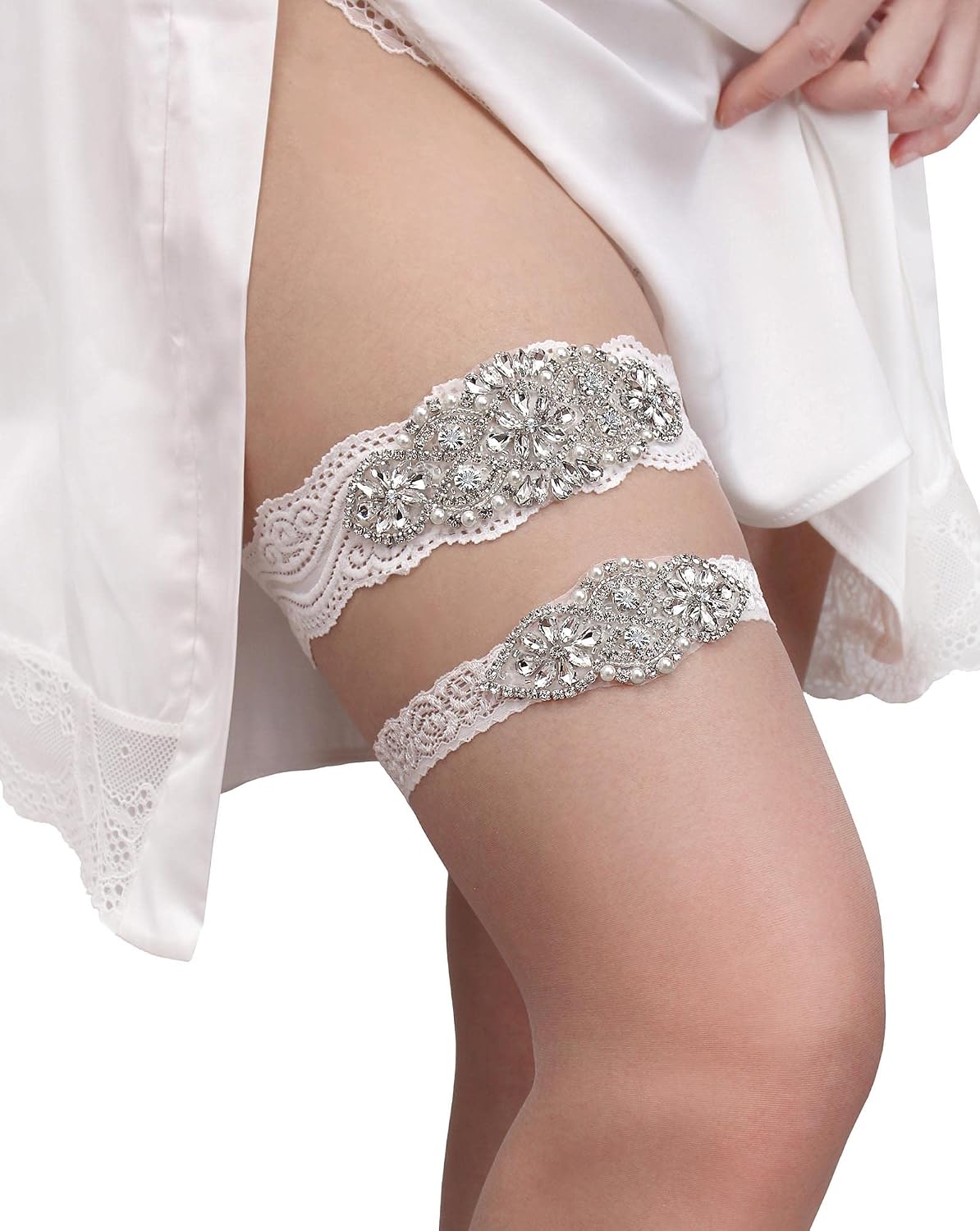 Lace Wedding Garters for Bride Bridal Garter Set with Non Slip SILLION Rhinestone Crystal Pearl