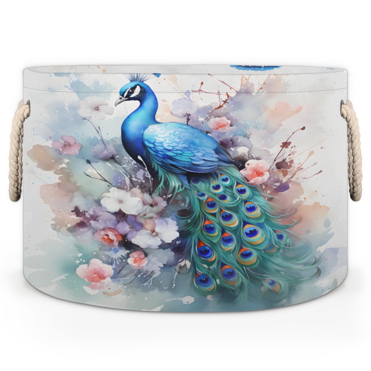 Colorful Peacock Round Baby Gift Baskets,Floral Round Decorative Storage Box Canvas Fabric Organizer with Handles,Baskets Bin for Home Shelves Closet Nursery Gifts