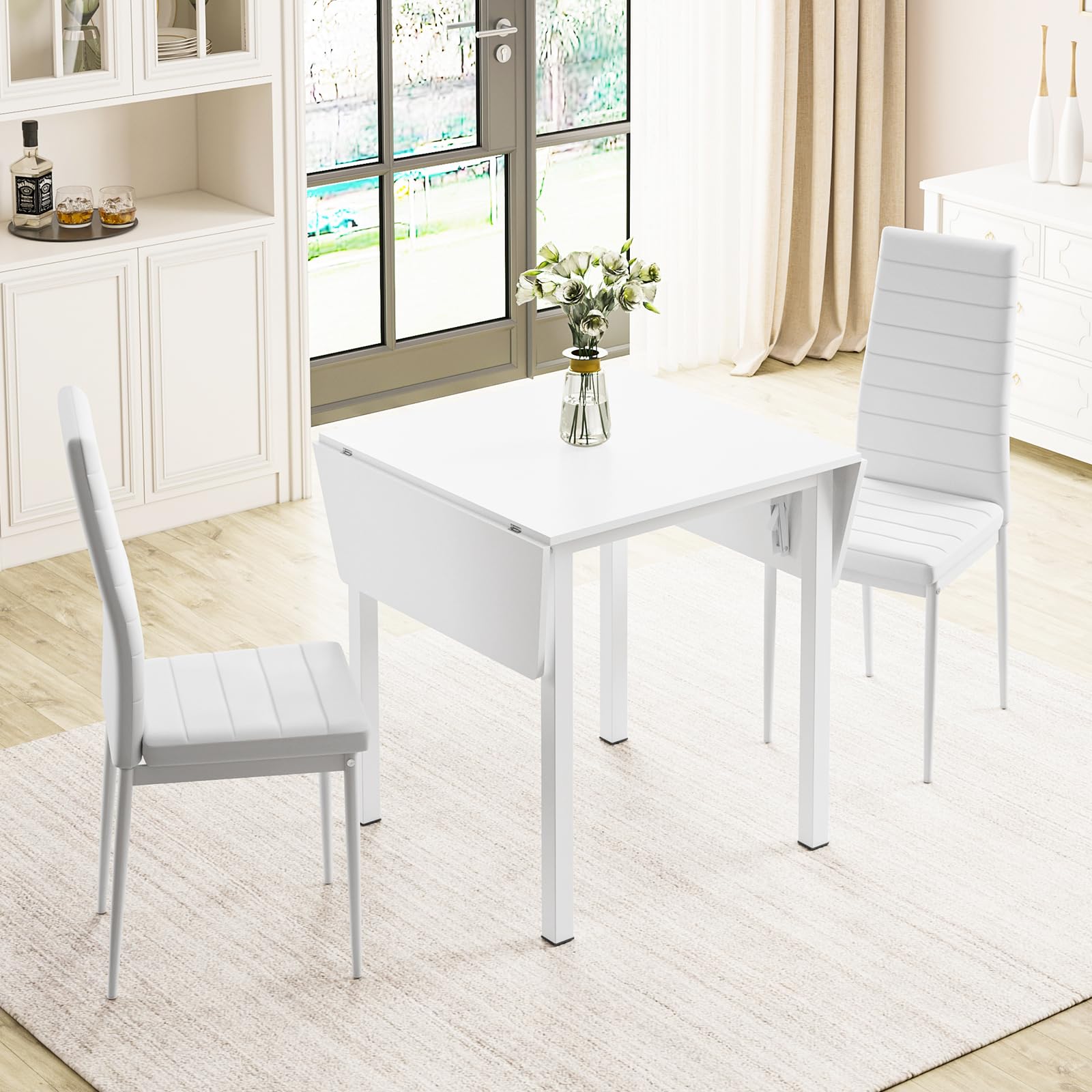 JEFFORDOUTLET Dining Table and Chairs Set of 2, Drop Leaf Folding Kitchen Table With White PU Leather High Back Chairs for Dining Room,Kitchen
