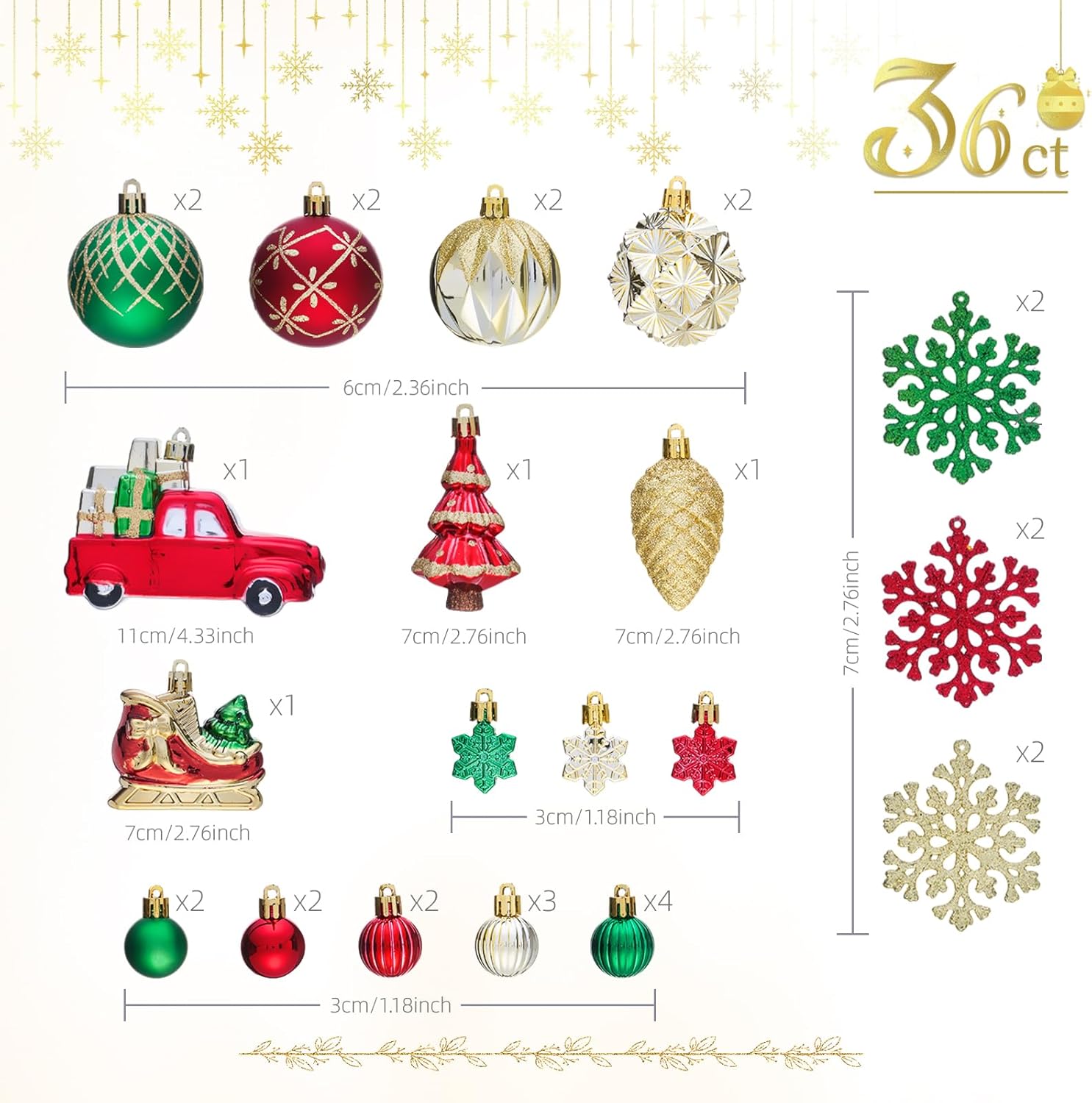 Christmas Ball Ornaments Set for Tree Decorations, 36ct Red Gold Green Classic Shatterproof Plastic Xmas Balls Decor Hanging Ornament Bulk for Holiday Wedding Birthday Party