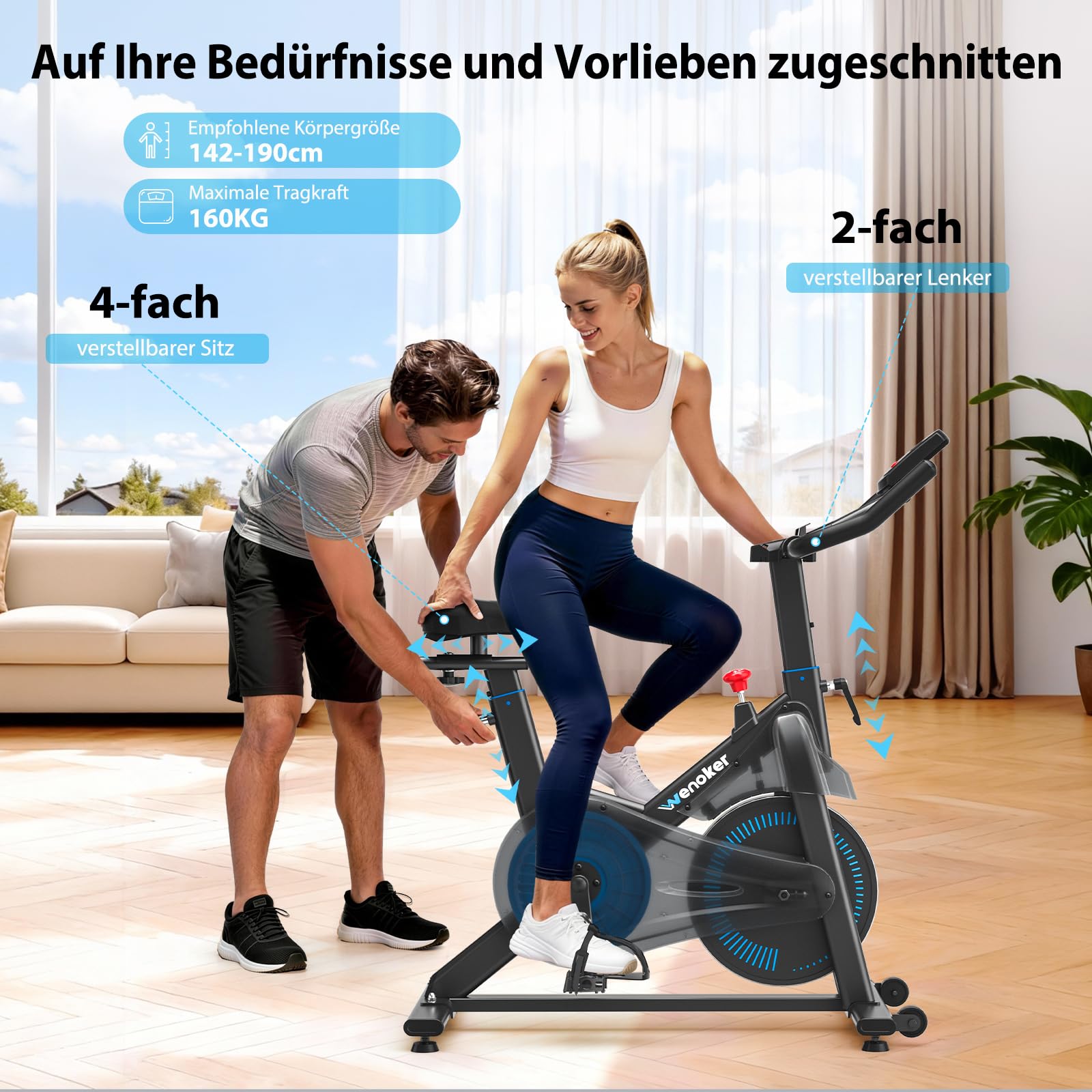 Wenoker Heimtrainer Fahrrad mit Verstellbarem Magnetwiderstand, Ergometer Hometrainer Fahrrad mit APP, LCD-Monitor, Tablet-Halter, Höhenverstellbar, Leises Fitnessbike Bis 160kg