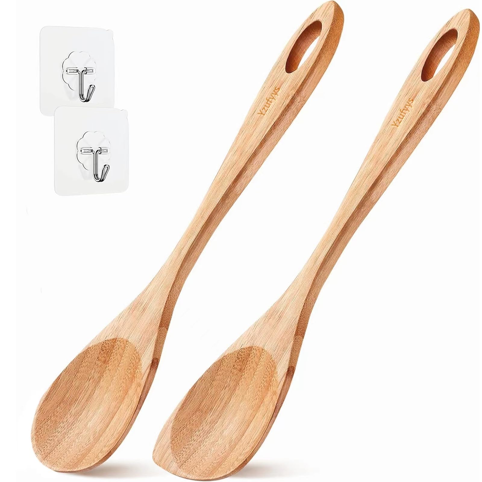 2 cucharas de madera de bambú para cocinar, cuchara de esquina de madera, espátula de bambú, con ganchos adhesivos, cuchara de cocina de madera para cocinar en casa, utensilios de cocina