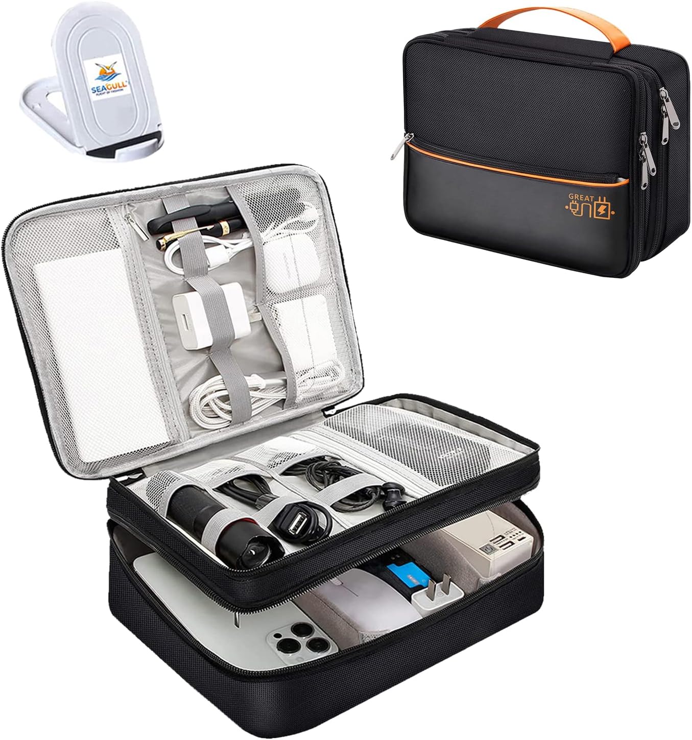 Nylon Double Layer Electronic Gadget Organizer Case, Cable Organizer Professional Bag For Accessories With Mobile Stand - 27 X 20 X 9 Cm - Black - Model 2