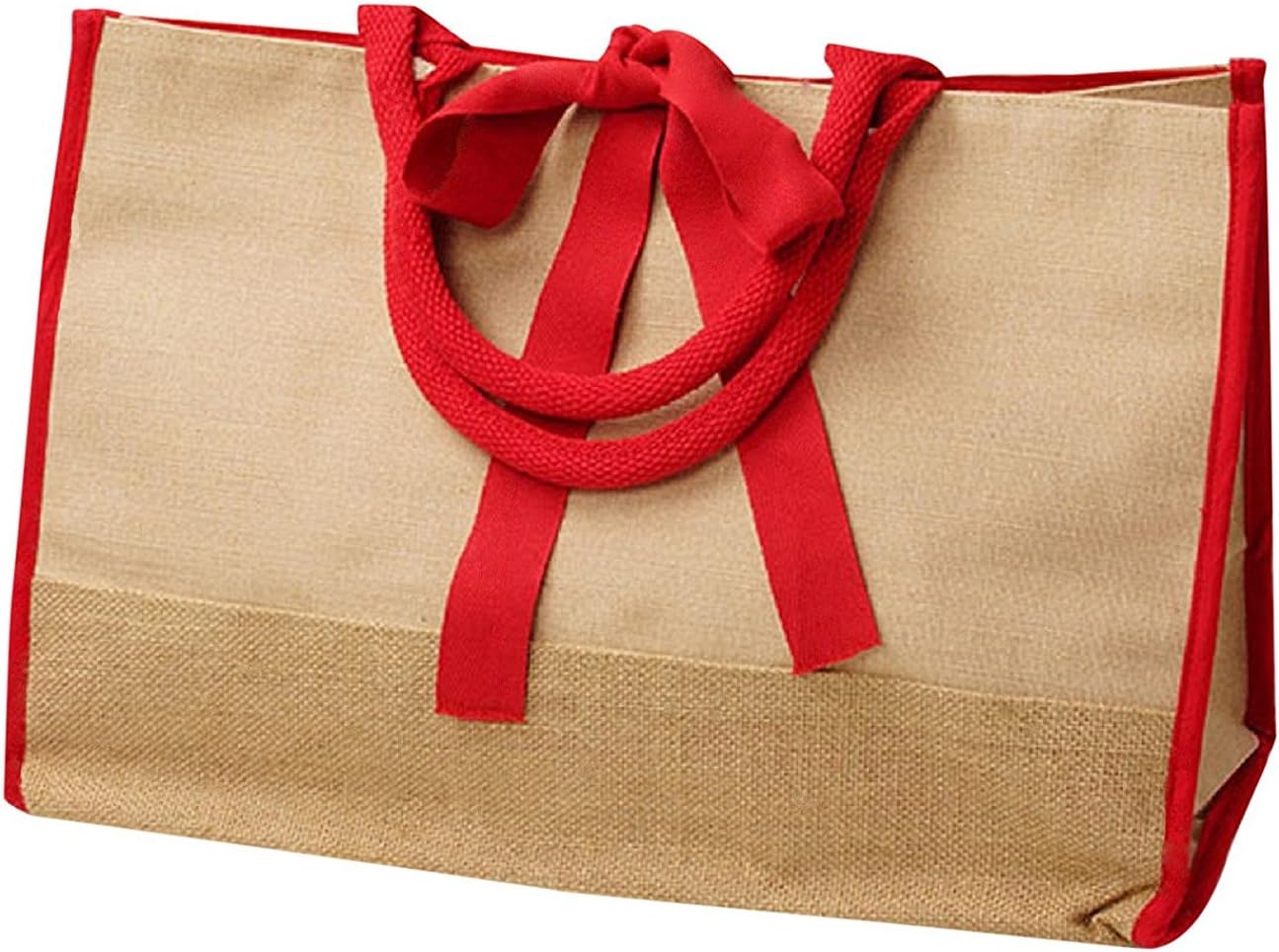Jute Burlap Tote Bags Cotton Handles Heavy Duty Shopping, Weekender, Work (Pack of 3) (Red)