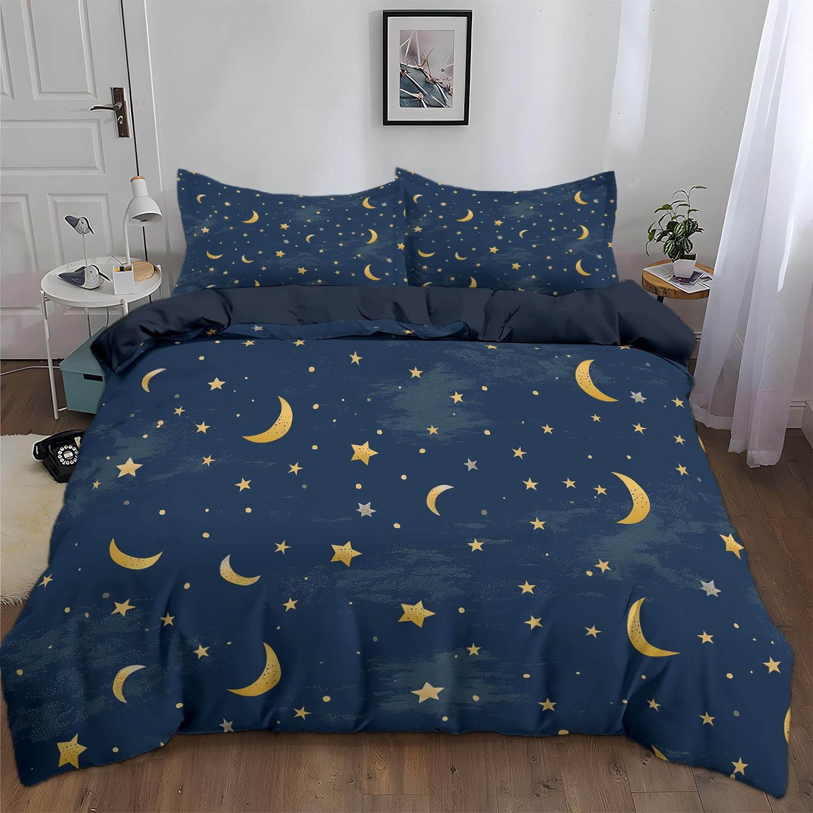 CozyRest Juego de Fundas Nórdicas Suave 3 Piezas para Cama 105 - Estrellas y Luna Tema de Cielo Estrellado Patrón Funda Edredón Poliéster Algodón 180 x 220 cm + 2 Funda de Almohada 50x75, Azul
