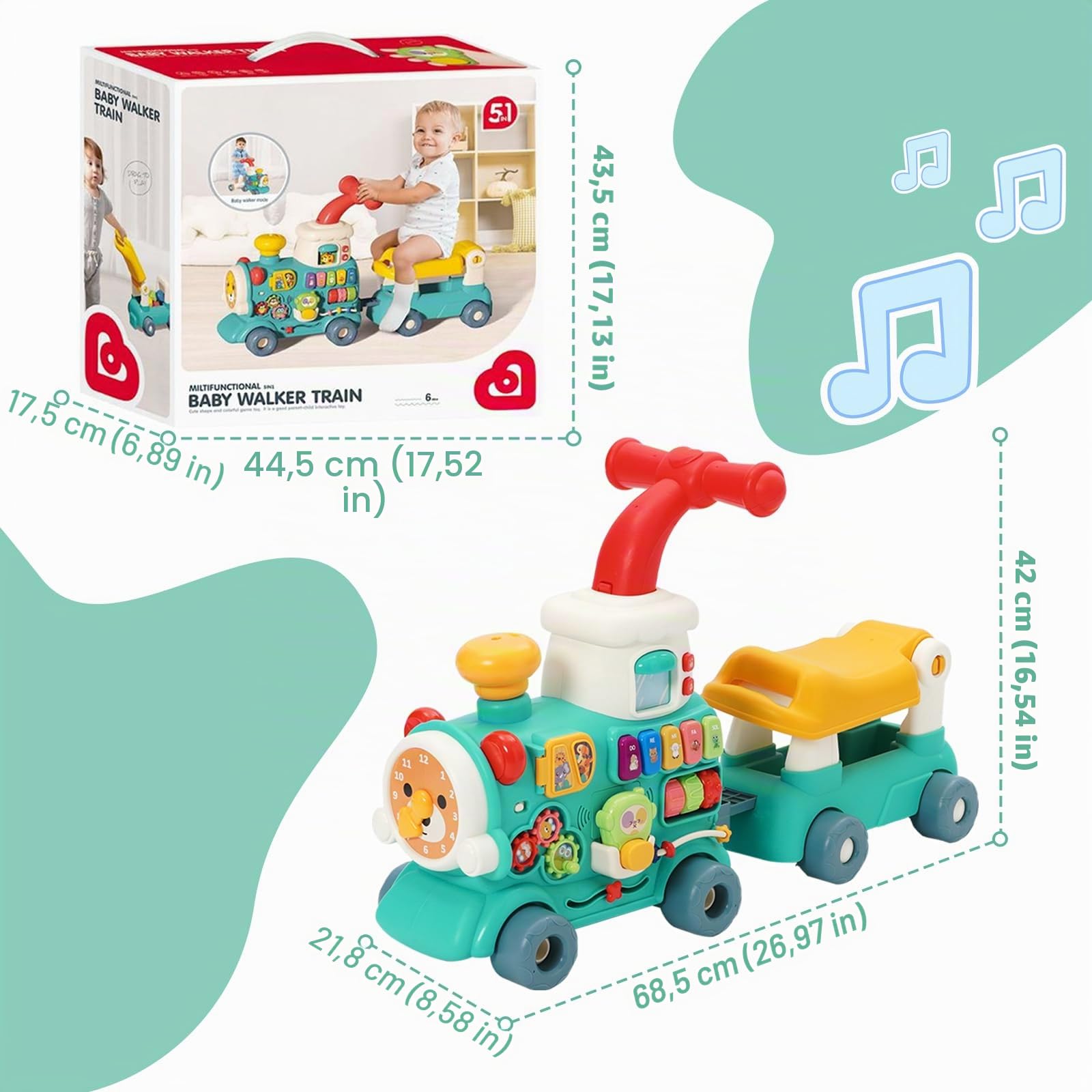 5 in1 Andador para bebés,Juguete de Tren de Vapor,con Música y Luces,Andador de Actividades de Aprendizaje Para Empujar y Tirar,Adecuado Para Niños y Niñas a Partir de 6 Meses