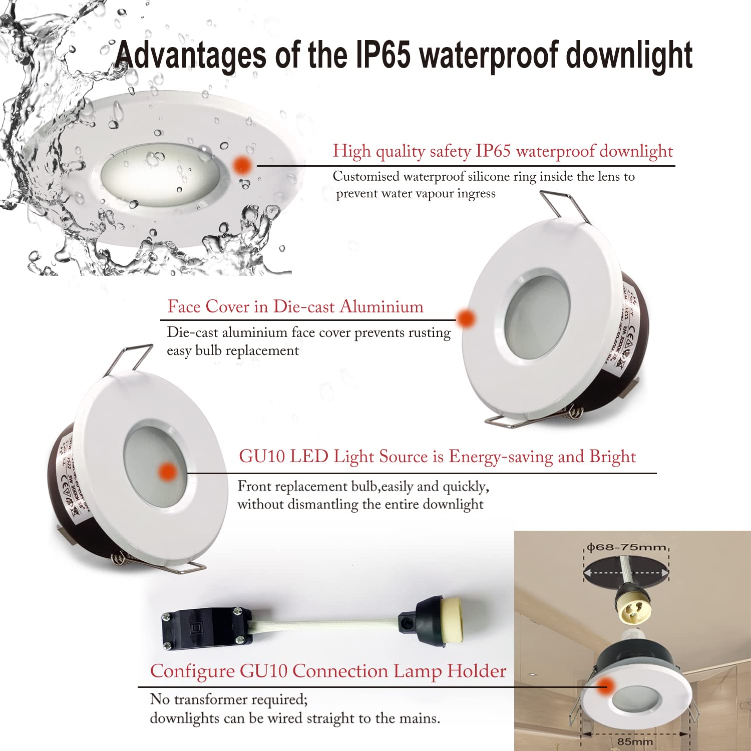 5W IP65 Impermeabile LED da Incasso a Downlight, 230V Bianco Caldo 3000K 430LM, Adatto per Faretti da Bagno e Cucina (Incluse Lampadine GU10) Cut-Out 68mm, Set di 4