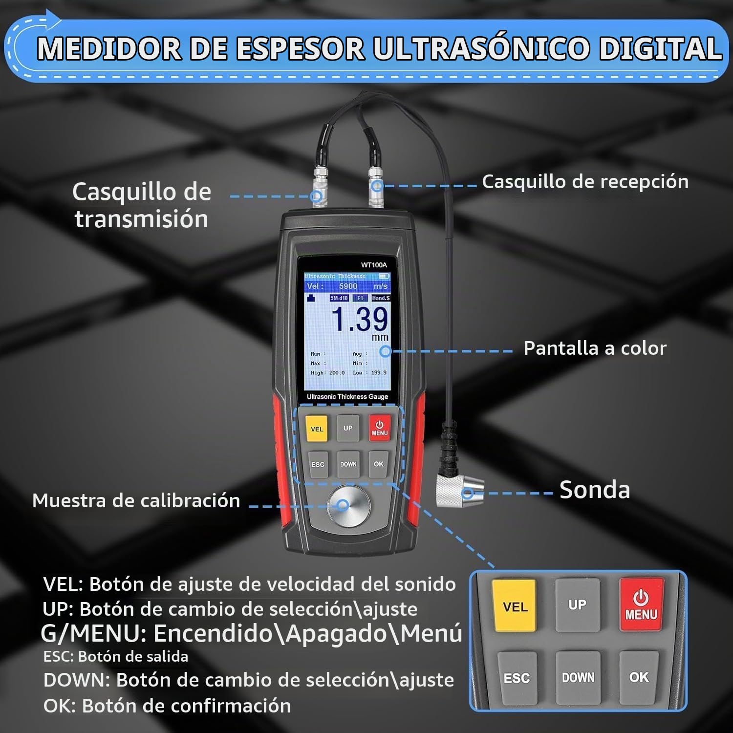 Medidor de Espesor Ultrasónico Digital, WT100A 1-225 mm Medidor Espesor Pintura Coche Portátil con 5 MHz Sonda, Thickness Gauge Ultrasónico Recubrimiento, para Metal Plástico Vidrio Cerámica Tuberías