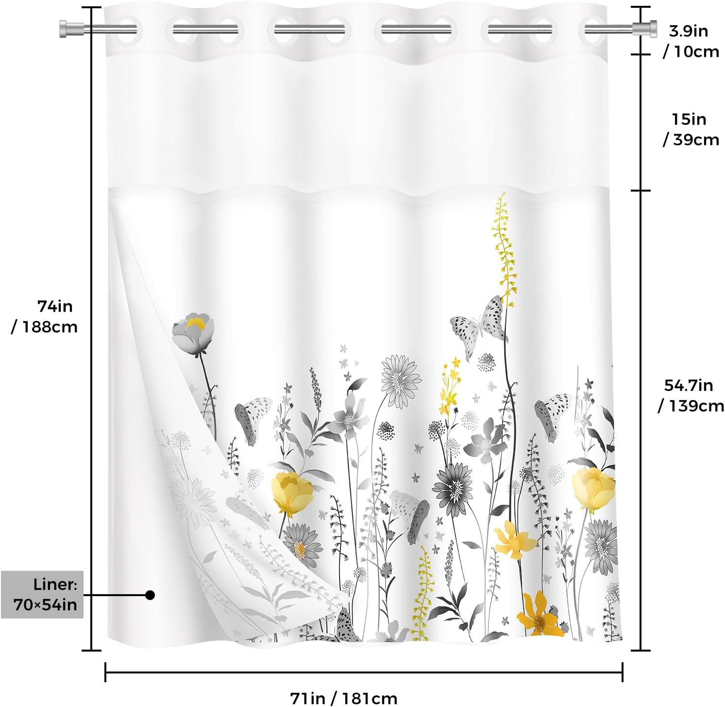 Shower Curtain No Hooks with Snap in Liner, Luxury Double Layers Floral Shower Curtain Set with See Through Mesh Top Window for Hotel Bathroom Decorative Waterproof Washable 71 x 74 Inch