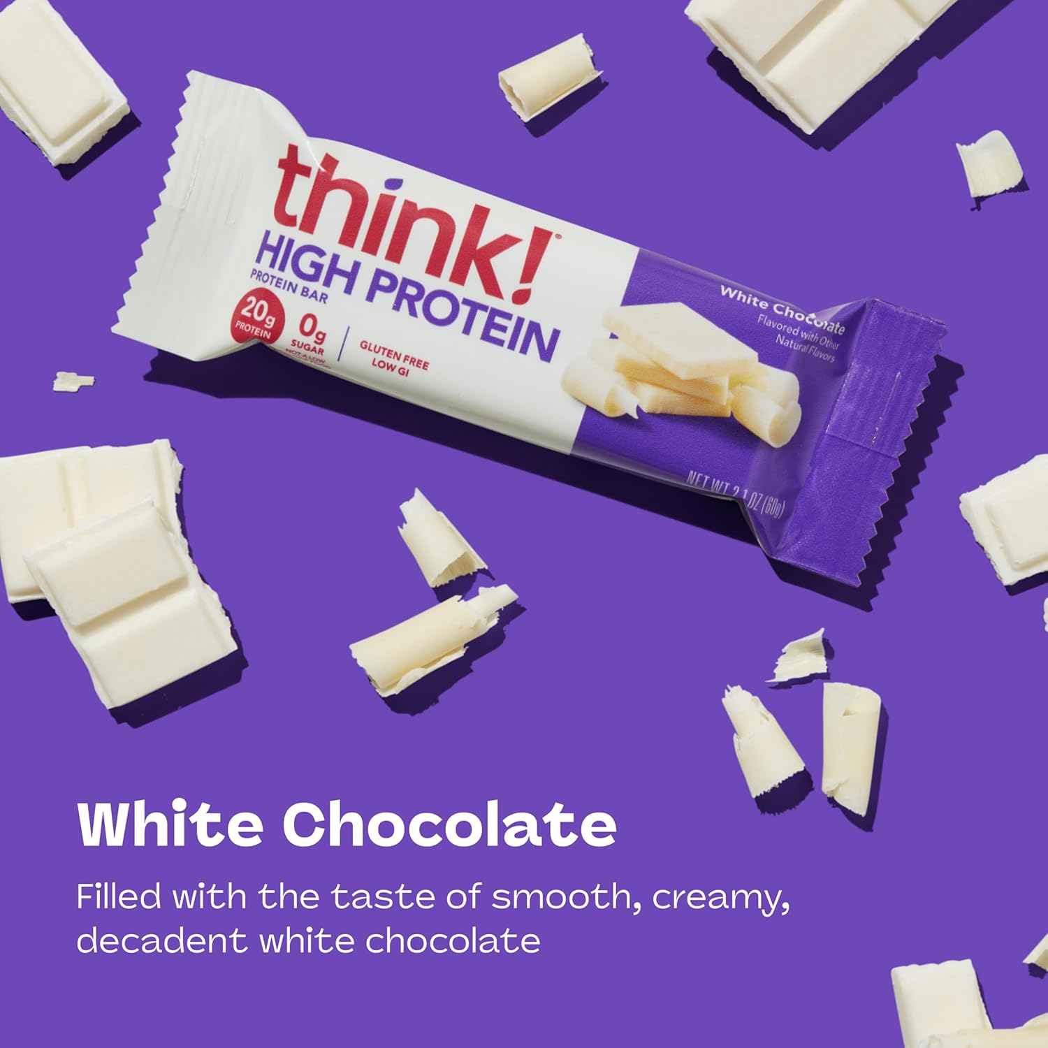 think! Protein Bars, High Protein Snacks, Gluten Free, Kosher Friendly, White Chocolate, Nutrition Bars, 2.1 Oz per Bar, 10 Count (Packaging May Vary)