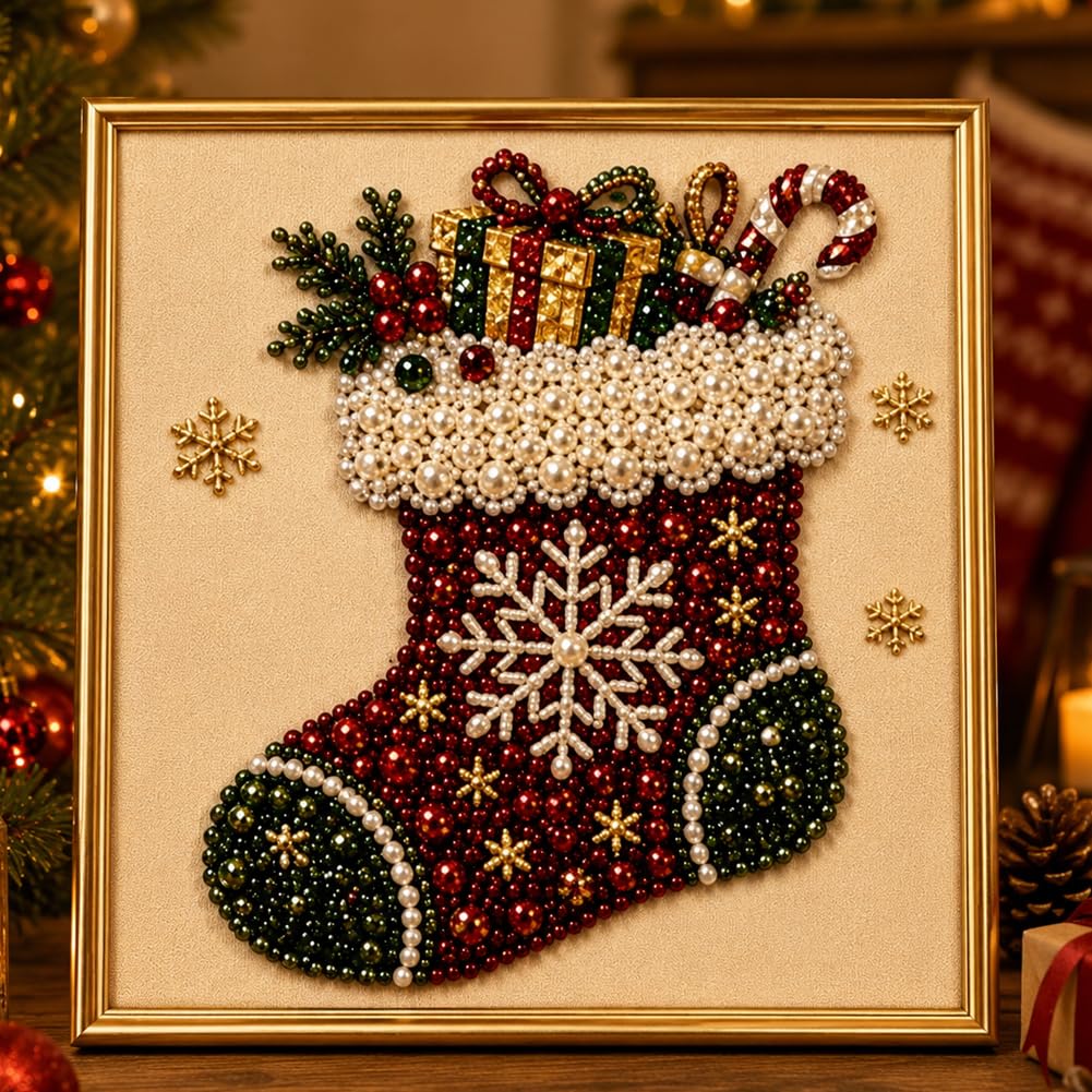 DIY Christmas Pearl Diamond Art Painting Kit with Frame,Christmas Pearl Beads Art Craft for Adults & Beginners,Gemstone Diamond Dots Beads Painting for Home Wall Decor,Beginner DIY Seasonal Party Gift — image 1