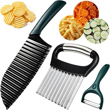 2 Pcs Crinkle Cut Knife, Crinkle Cutter for Veggies, Potato Slicer Wave Chopper, Stainless Steel Wave Fries Cutter for French Fry, Cucumber, Carrot and Fruit, Includes Extra Peeler