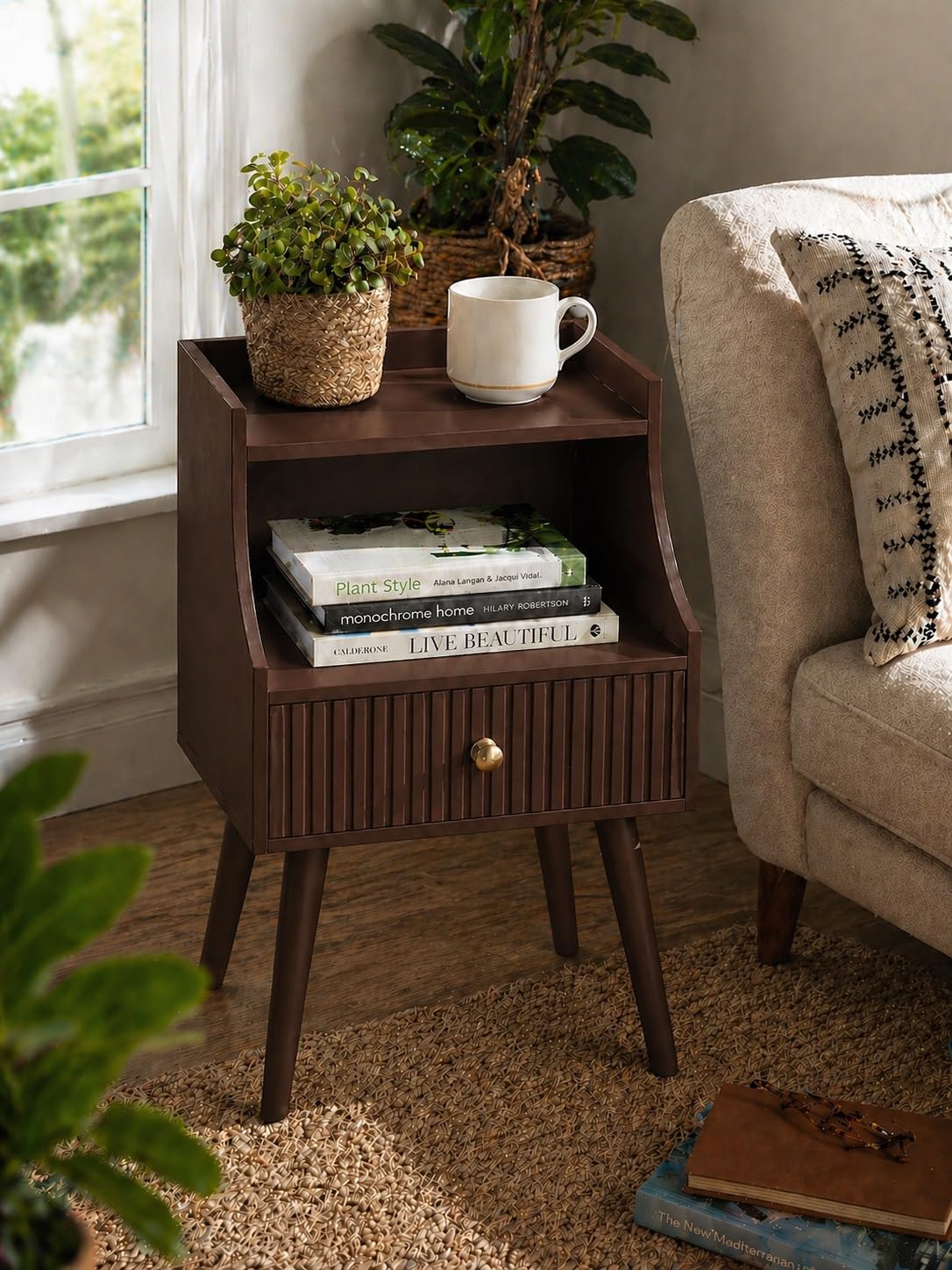 ETIQUETTE ART Modern Fluted Nightstand with Drawer and Open Storage Shelf, Bedside Table with Round Edge, Boho Night Stand with Solid Wood Legs & Knob Handle, End Table for Bedroom (Brown)-image-13
