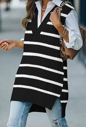 Viottiset Women's Oversized Stripe V Neck Tunic Knit Sweater Vest Sleeveless Top Black L, 1-black Stripe
