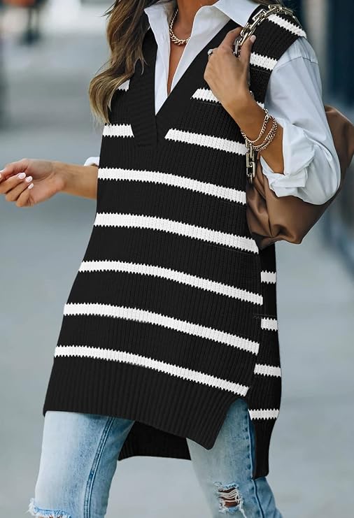 Viottiset Women's Oversized Stripe V Neck Tunic Knit Sweater Vest Sleeveless Top Black L, 1-black Stripe