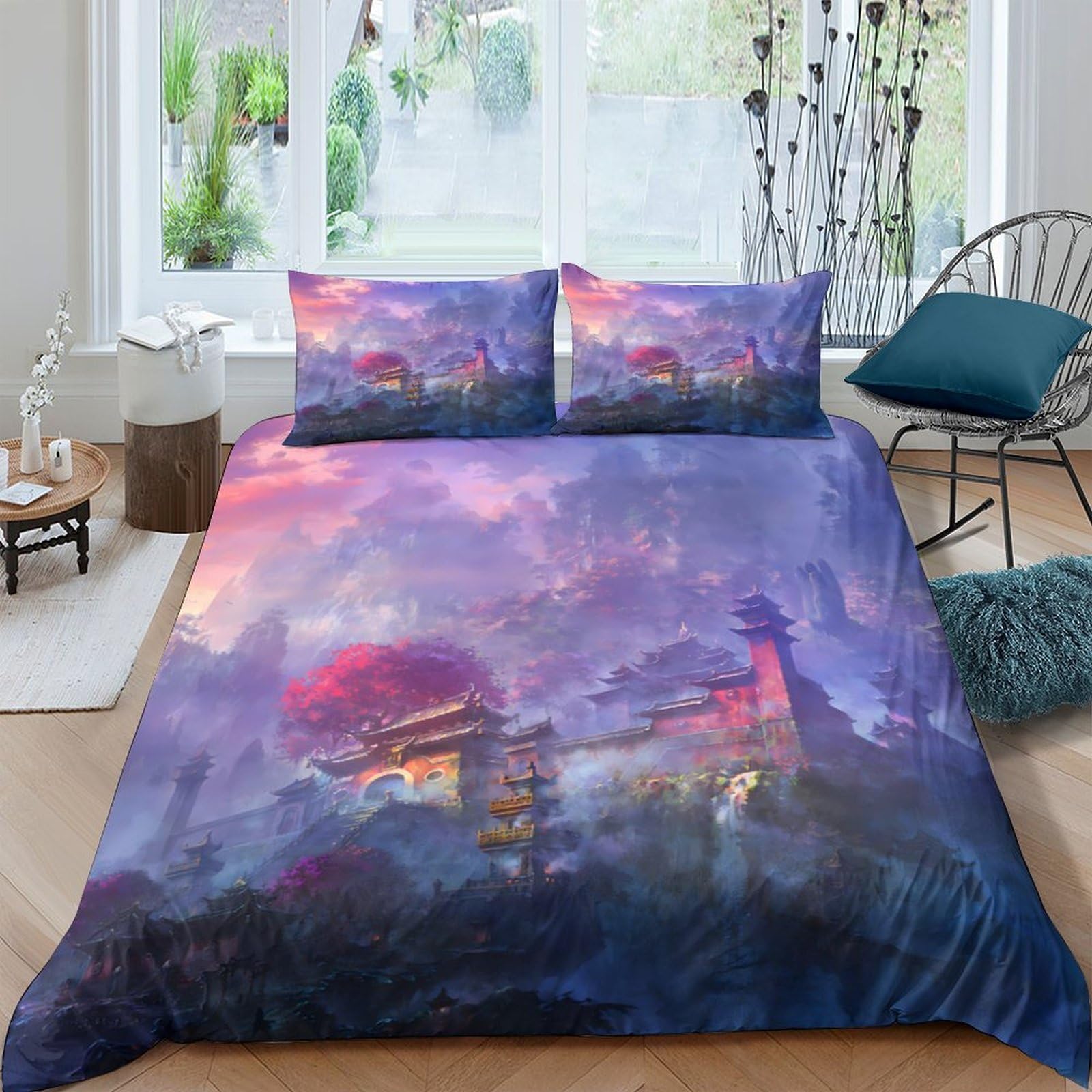 Ctjqhvkz Style-2 3D Printed Fantasy Sakura Night Fitted Sheet Microfiber Soft Purple Castle Mattress Cover Bedroom Decor Single（135X200cm）