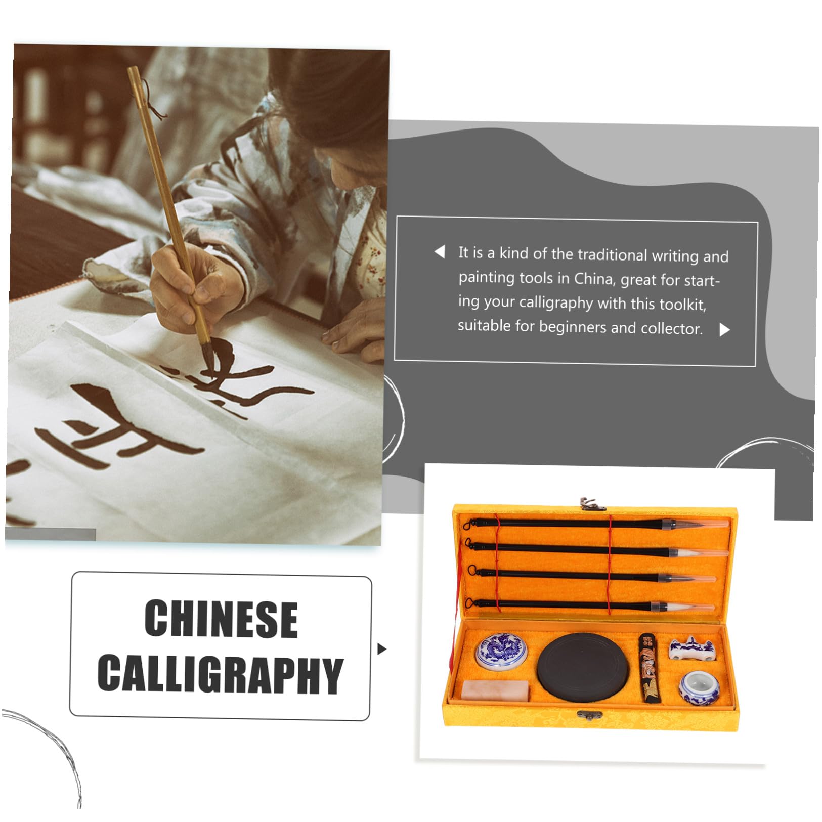 SOLUSTRE Chinesisches Kalligraphie Satz für Anfänger mit Vier Schätzen Des Studiums Holz und Wolfshaarpinsel Tuschepapier und Reibstein für Kalligraphie und Malerei
