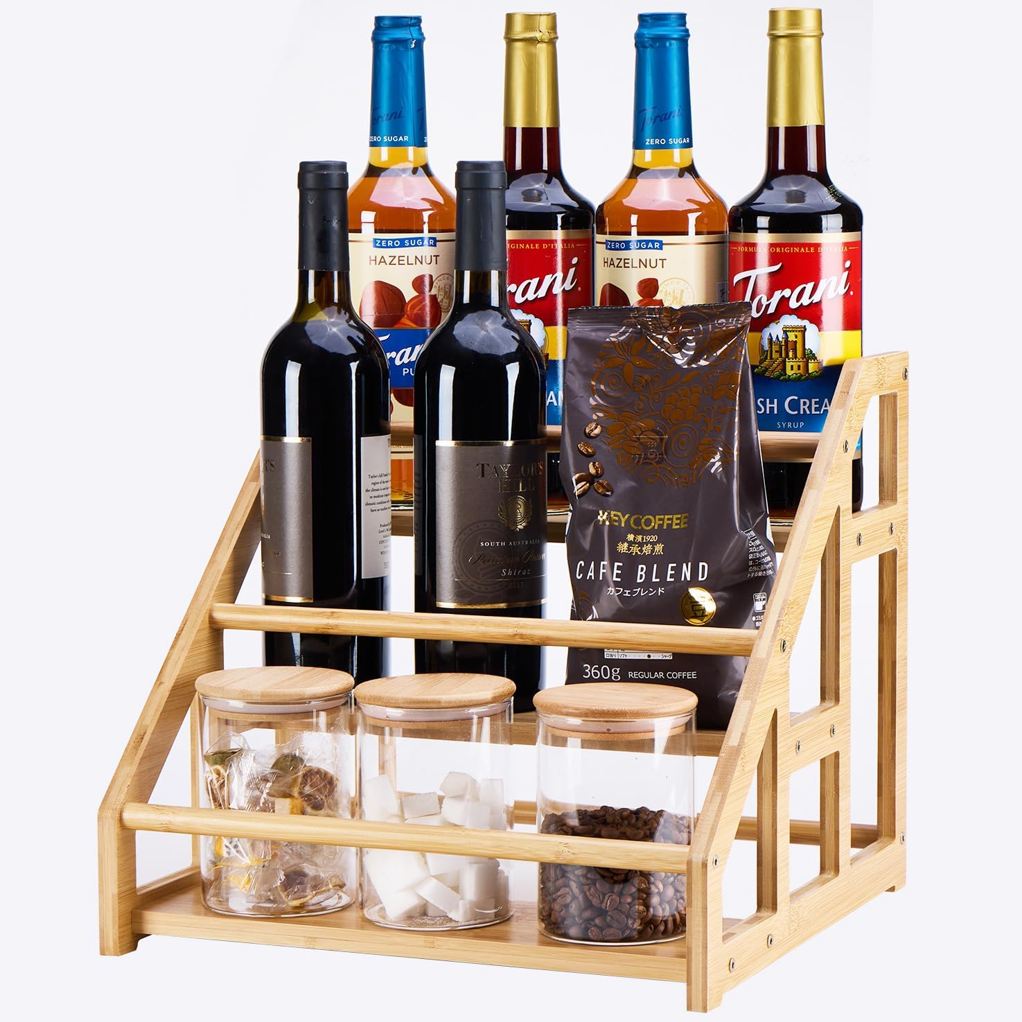 Bamboo 3-Tier Coffee Syrup Rack Organizer - 12 Bottle Holder, Coffee Bar, Wine Rack & Countertop Storage for Kitchen, Natural