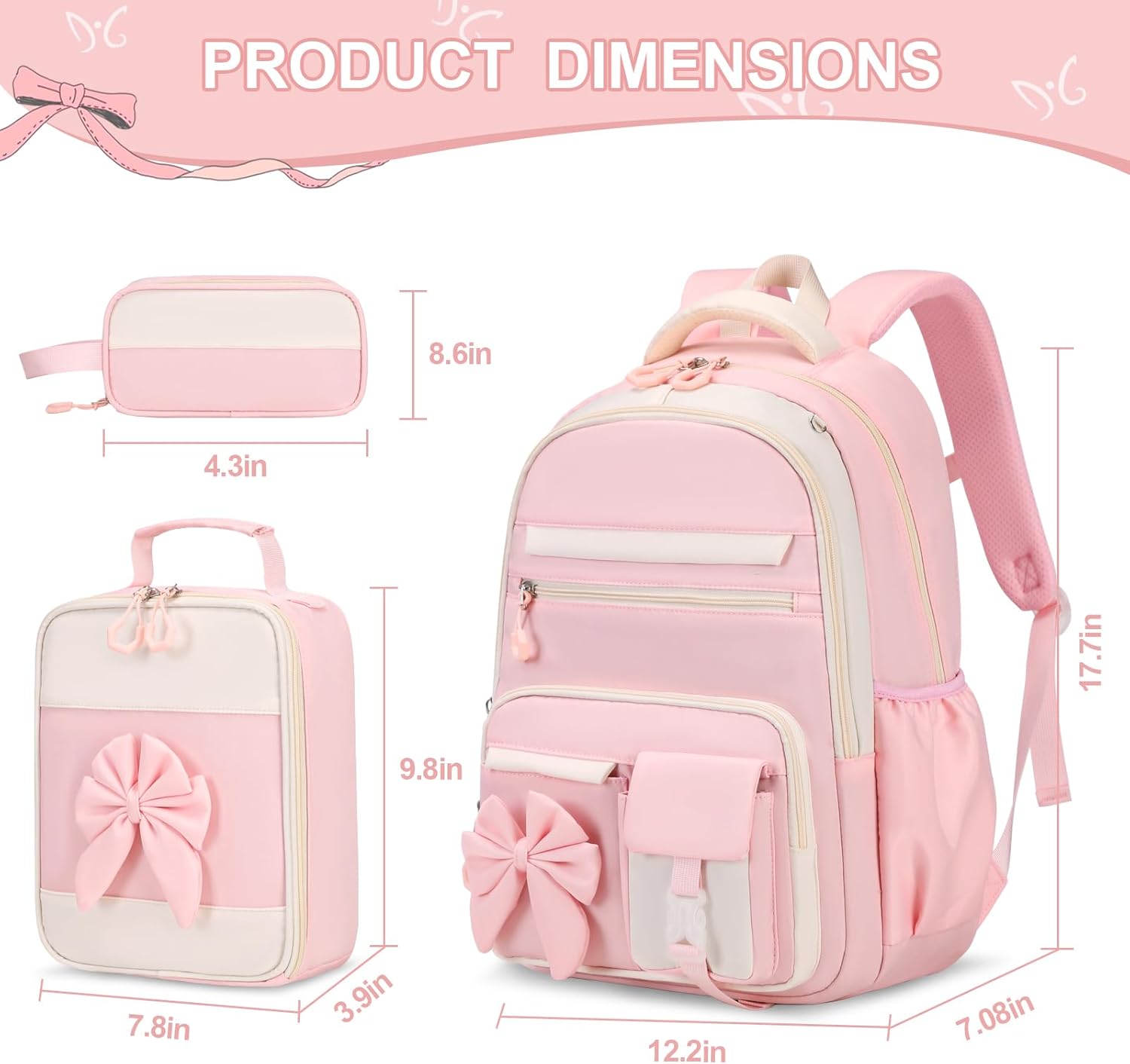 Backpack for Girls, 3PCS Girls Backpack for School with Lunch Bag Pencil Case, Cute Kids Teens Bookbag for Kindergarten Elementary Preschool Middle School (Pink) - Image 2