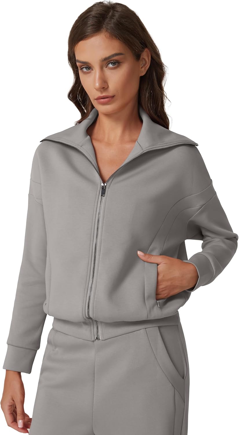 QINSEN Women's Cotton 2 Piece Outfits Lapel Long Sleeve Zip Up Sweatshirt Wide Leg Pants Matching Tracksuit Sets - Image 2